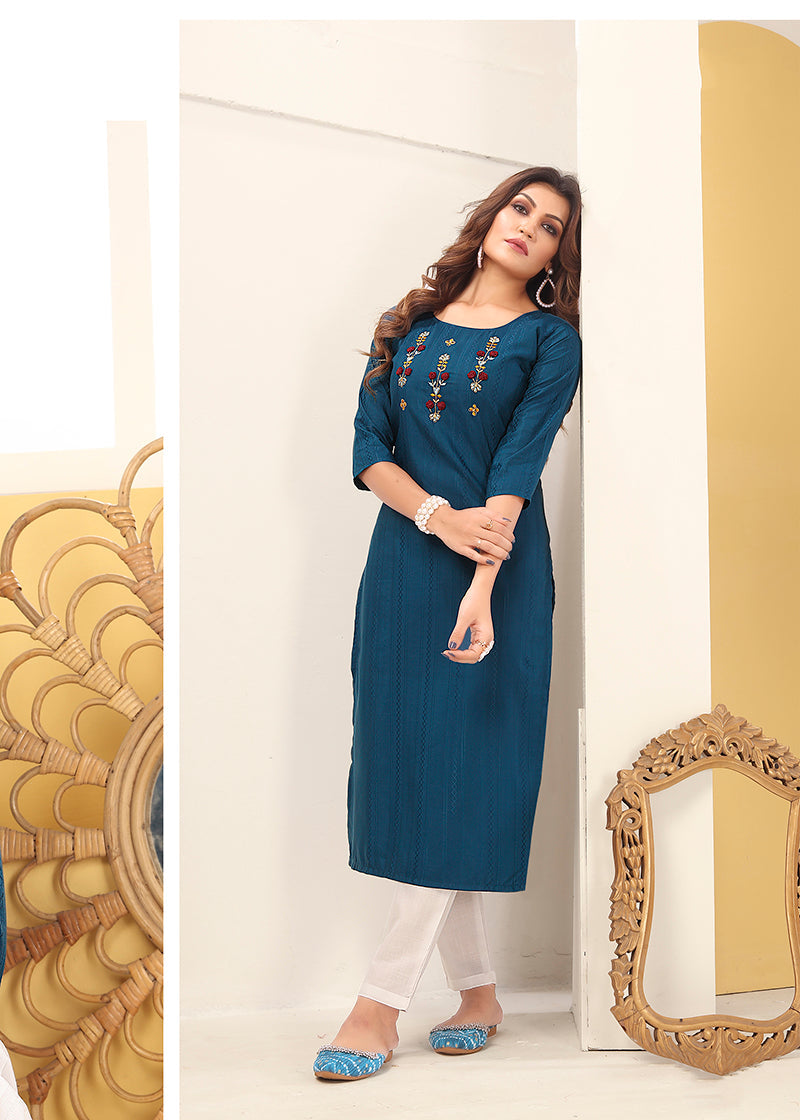 Teal Blue Vision silk with Handmade Embroidery Kurti