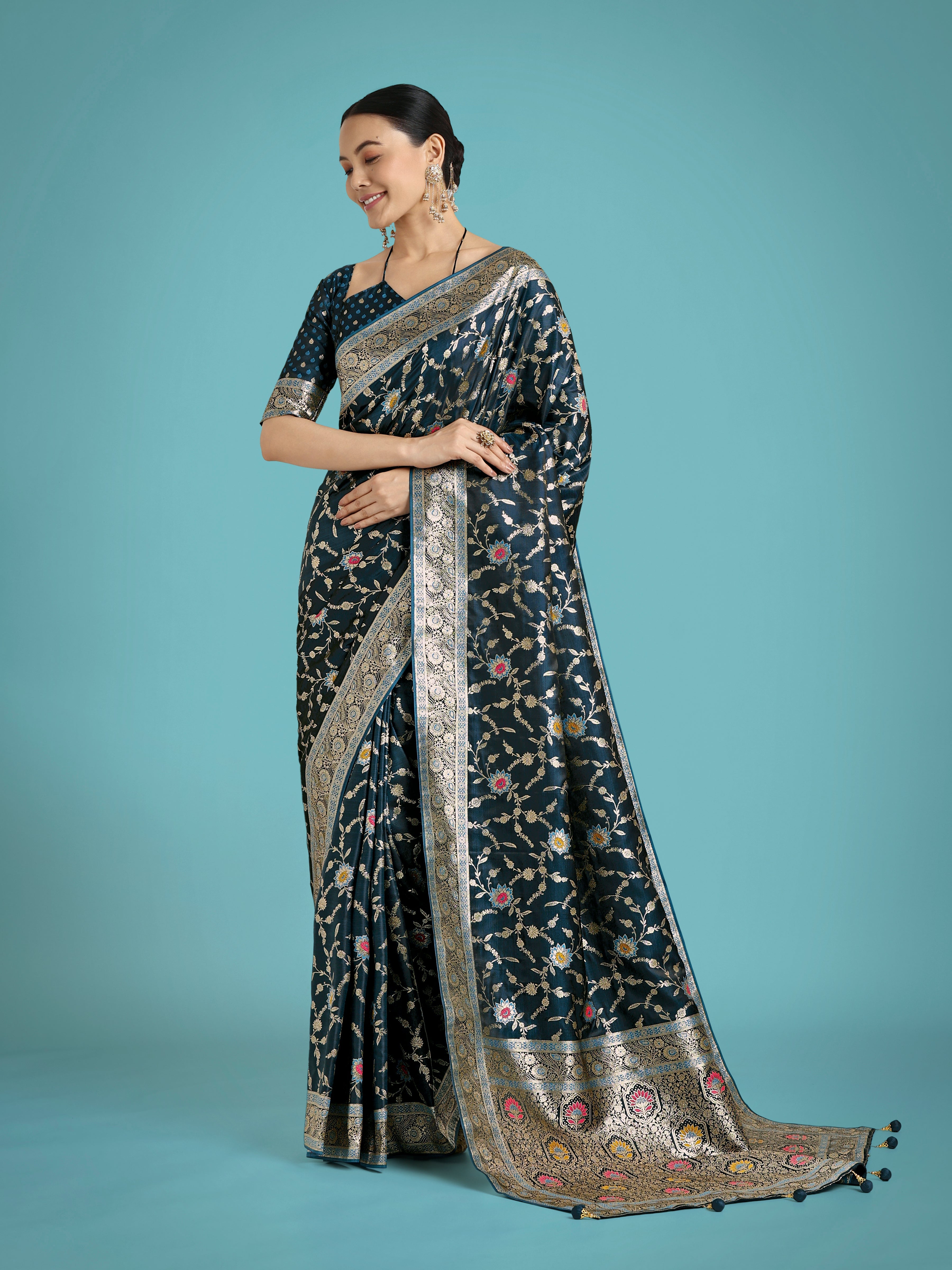 Dark Teal Zari Woven Banarasi Classic Satin Silk Saree