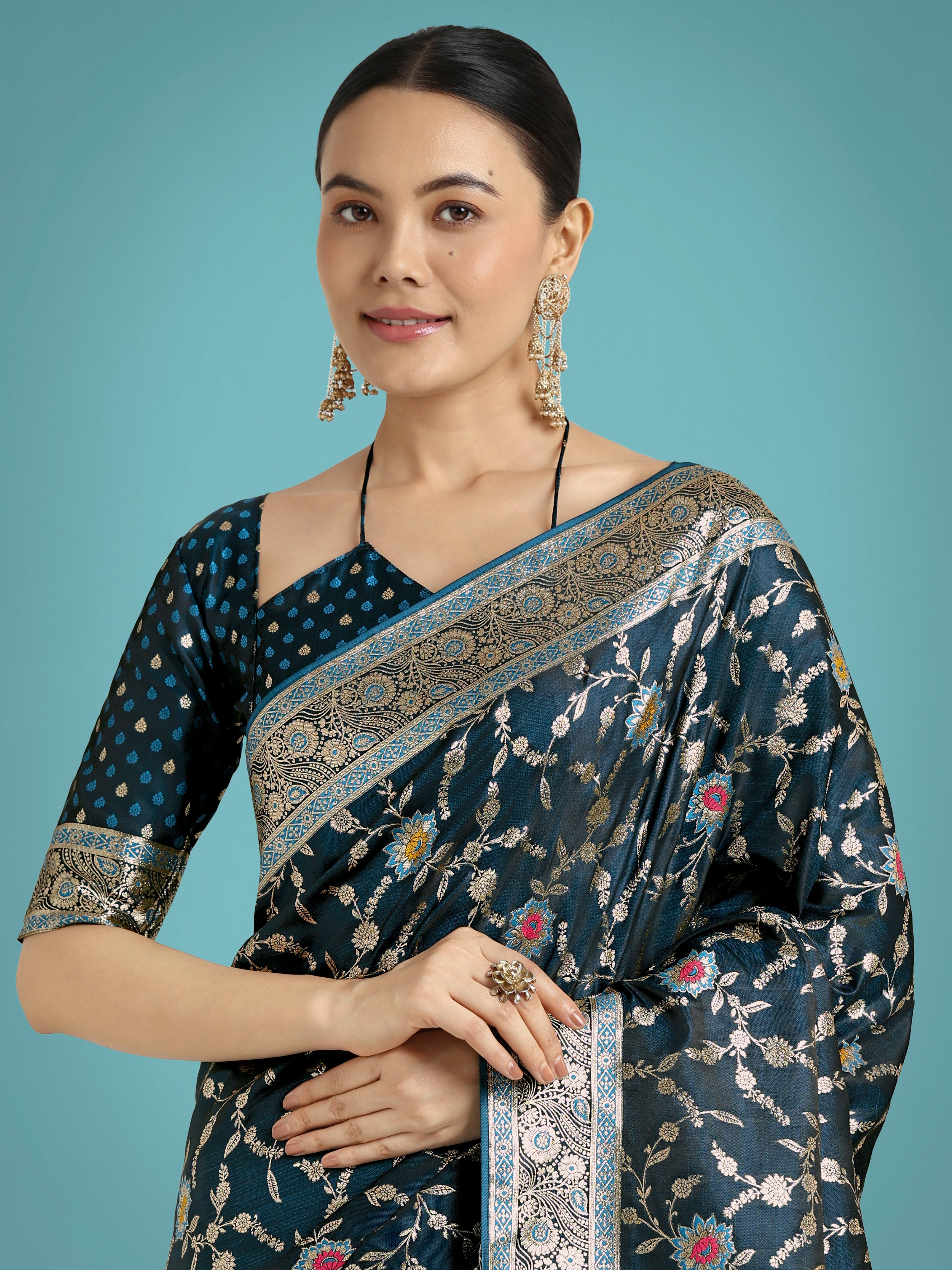 Dark Teal Zari Woven Banarasi Classic Satin Silk Saree