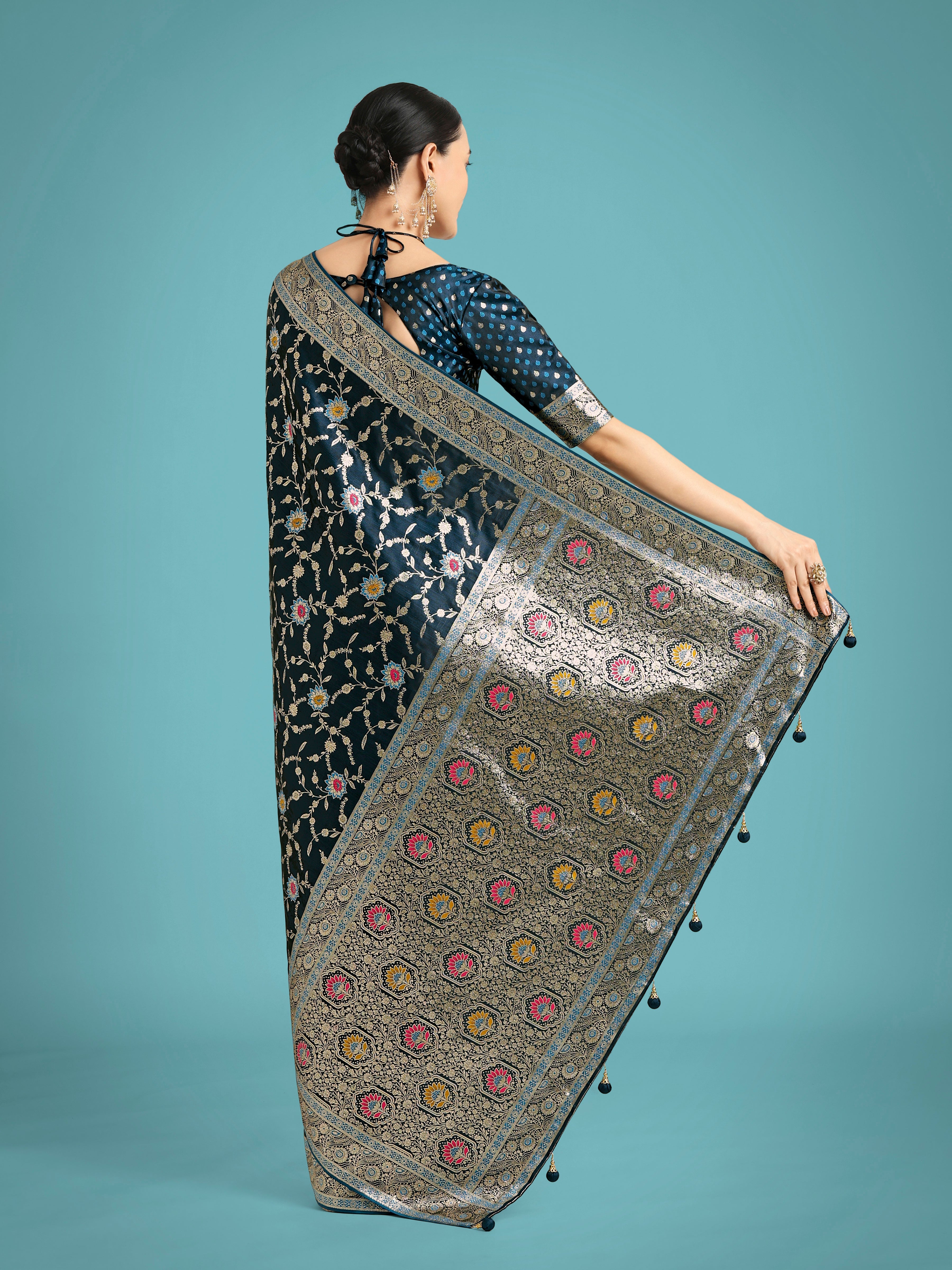 Dark Teal Zari Woven Banarasi Classic Satin Silk Saree
