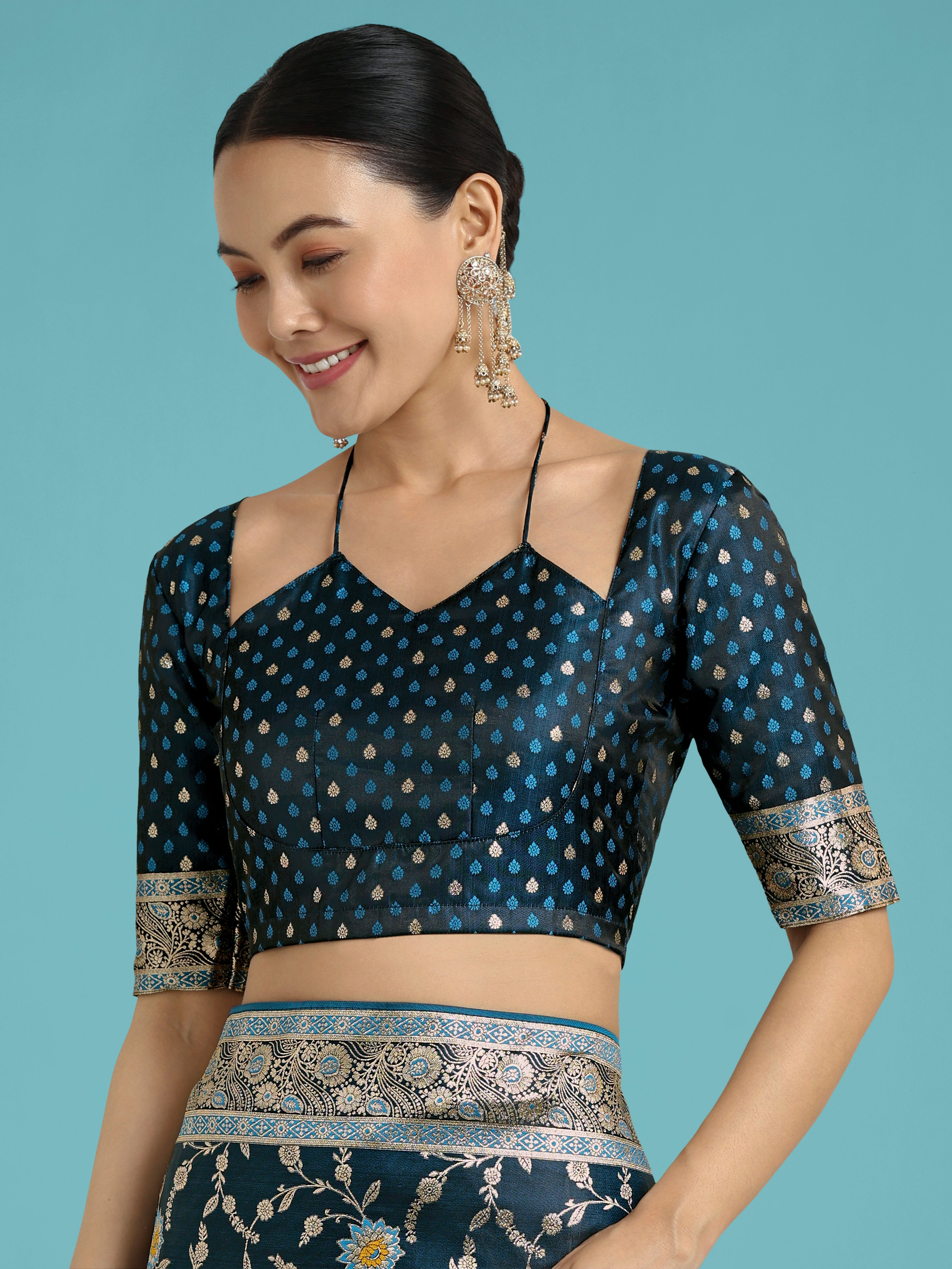 Dark Teal Zari Woven Banarasi Classic Satin Silk Saree