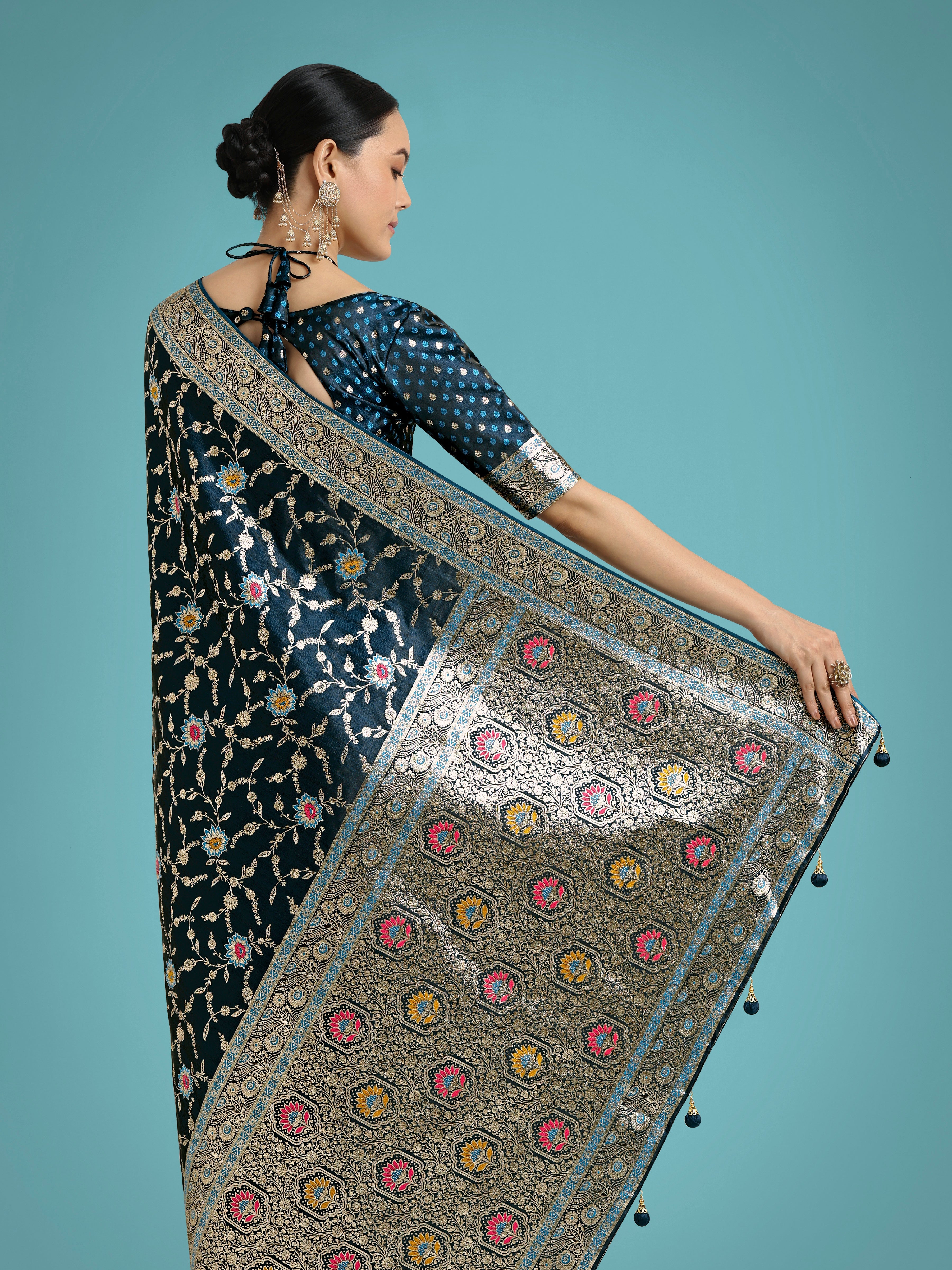 Dark Teal Zari Woven Banarasi Classic Satin Silk Saree