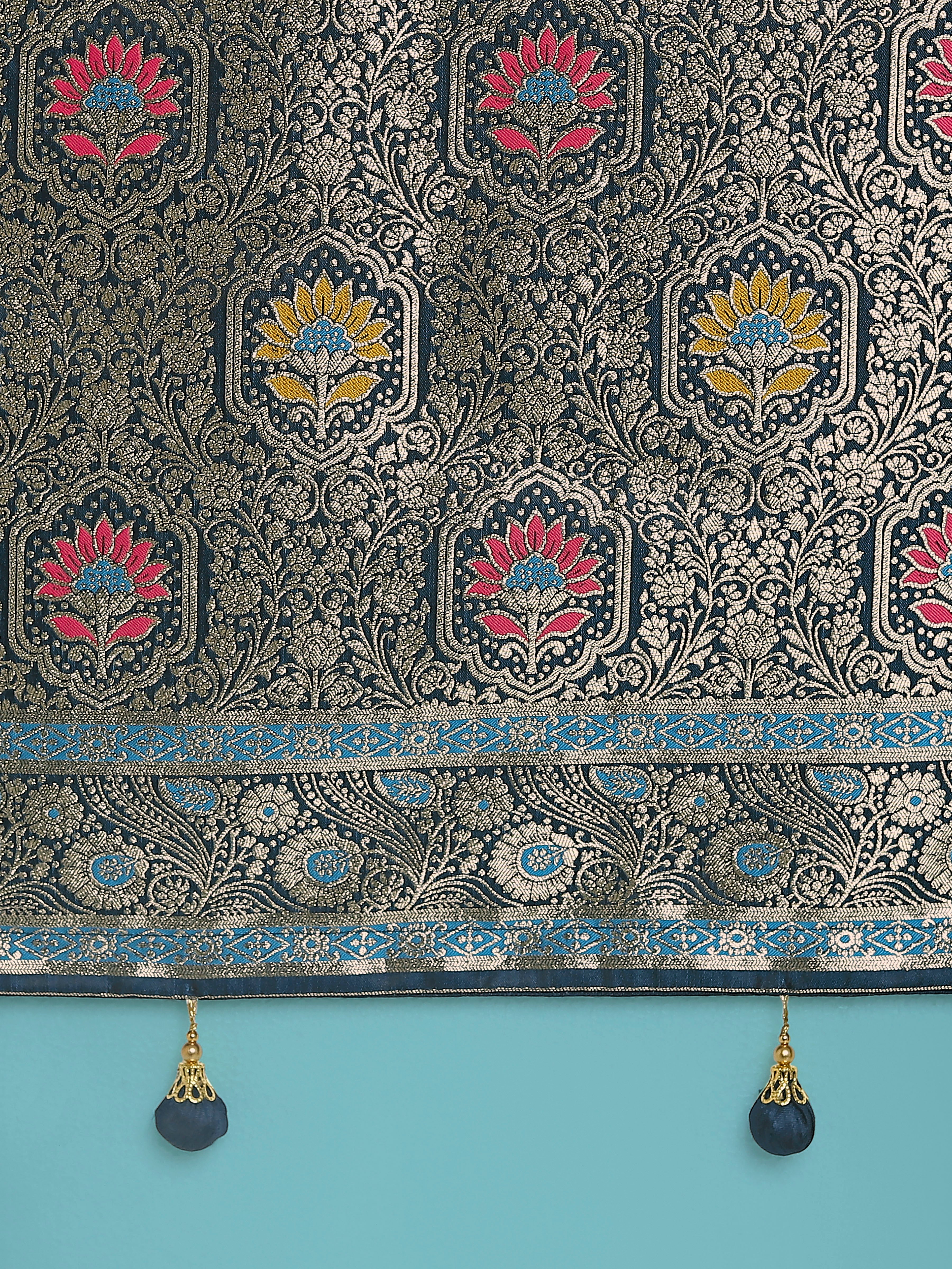 Dark Teal Zari Woven Banarasi Classic Satin Silk Saree
