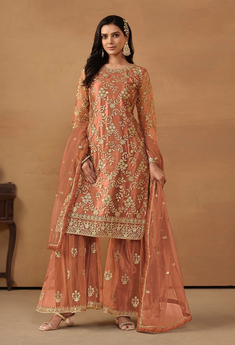 Rust Net Embroidered Trendy Sharara Suit - Monjolika Fashion