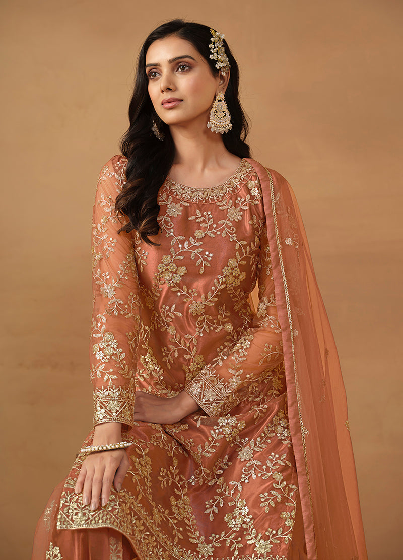 Rust Net Embroidered Trendy Sharara Suit - Monjolika Fashion
