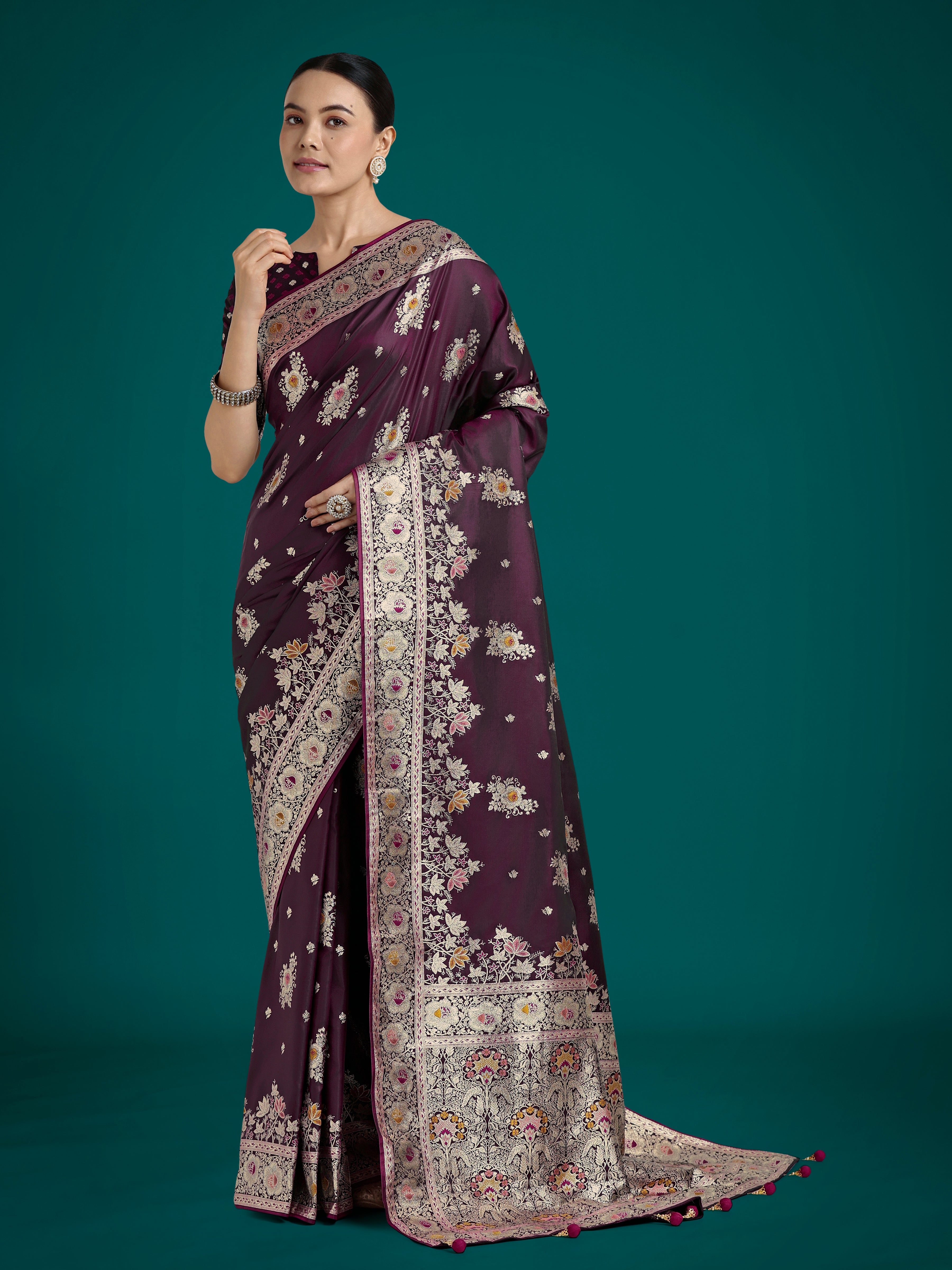 Dark Wine Glamour and Tradition With This Zari Woven Banarasi Satin Silk Saree