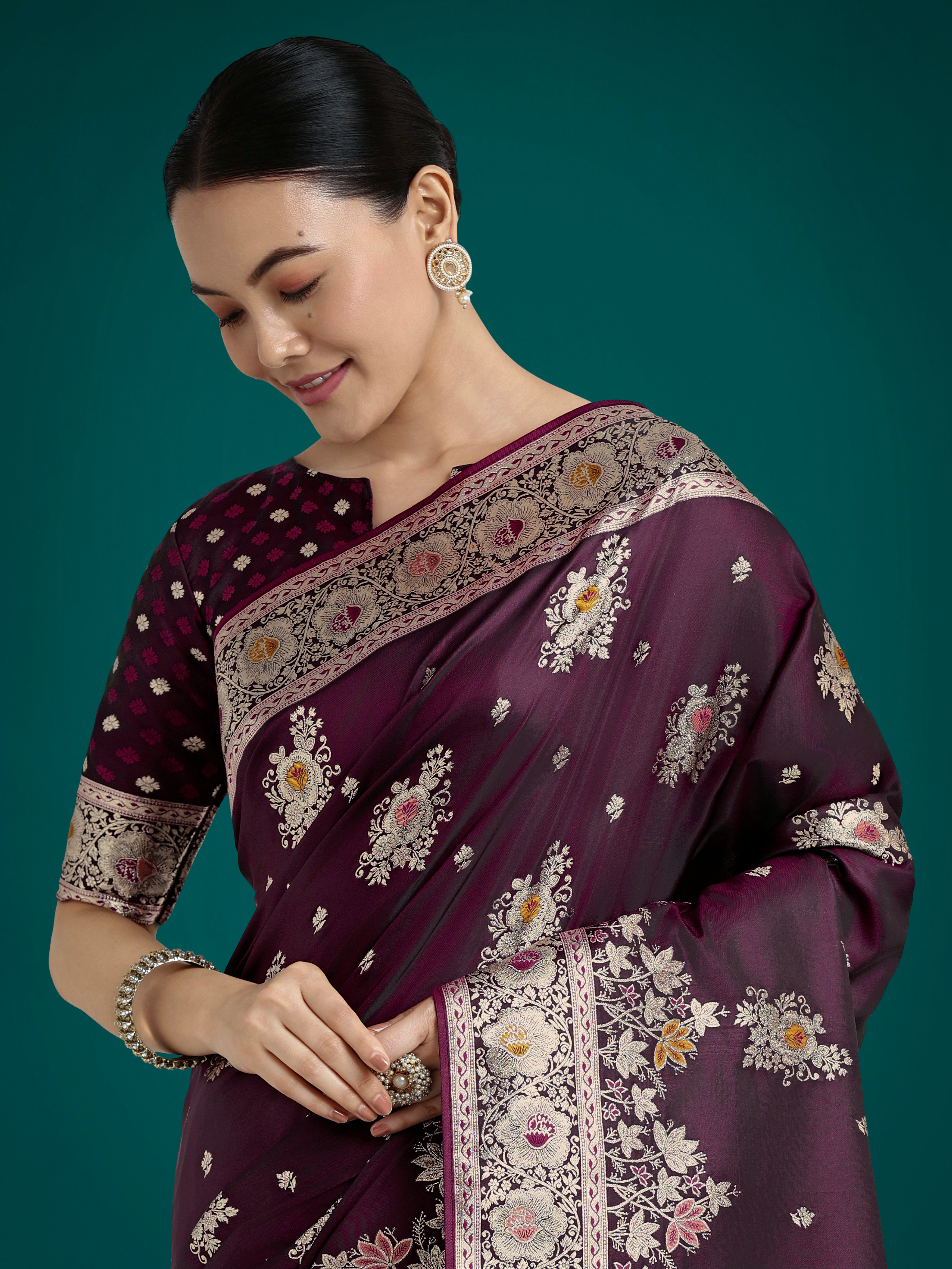 Dark Wine Glamour and Tradition With This Zari Woven Banarasi Satin Silk Saree