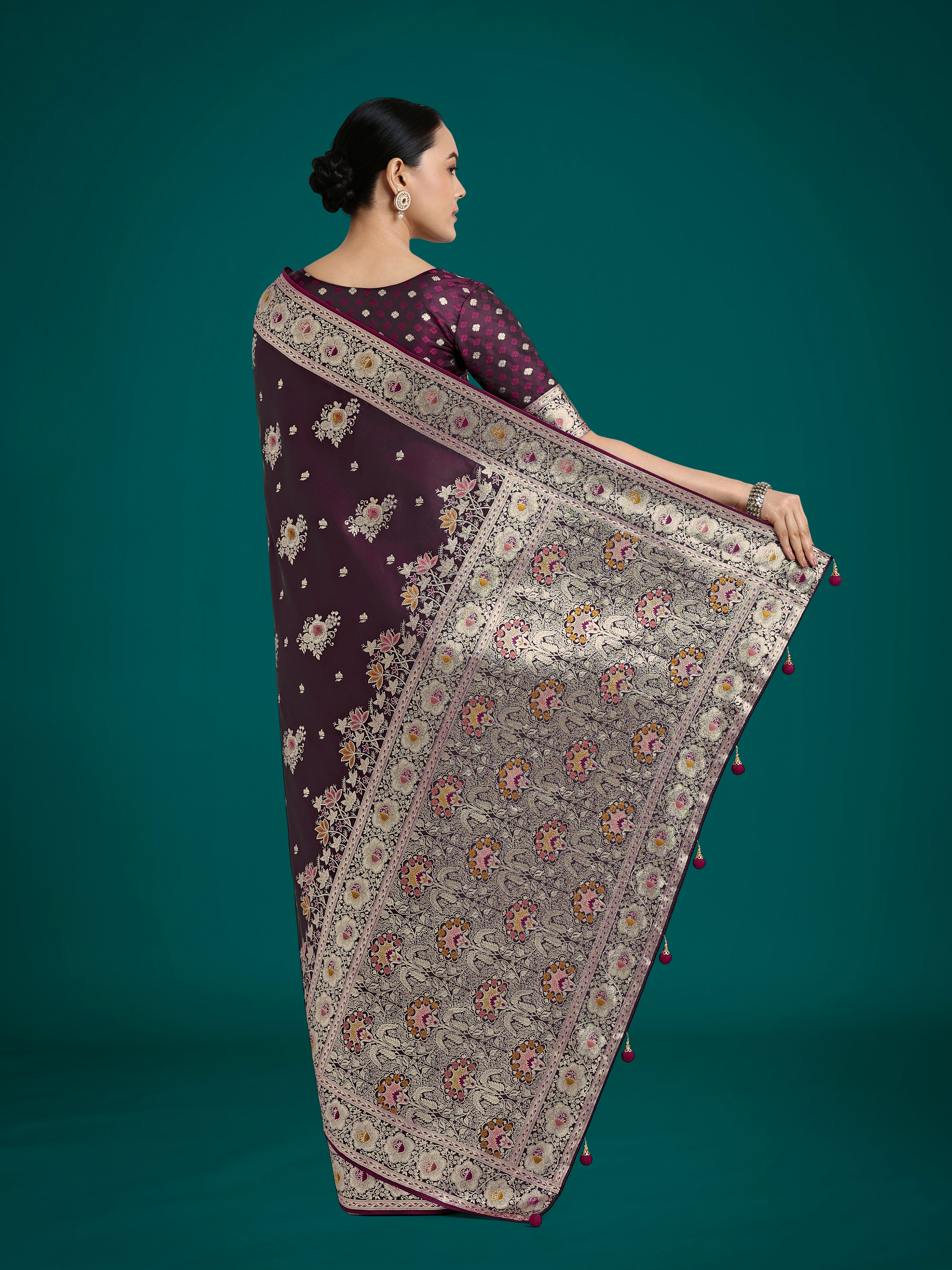 Dark Wine Glamour and Tradition With This Zari Woven Banarasi Satin Silk Saree