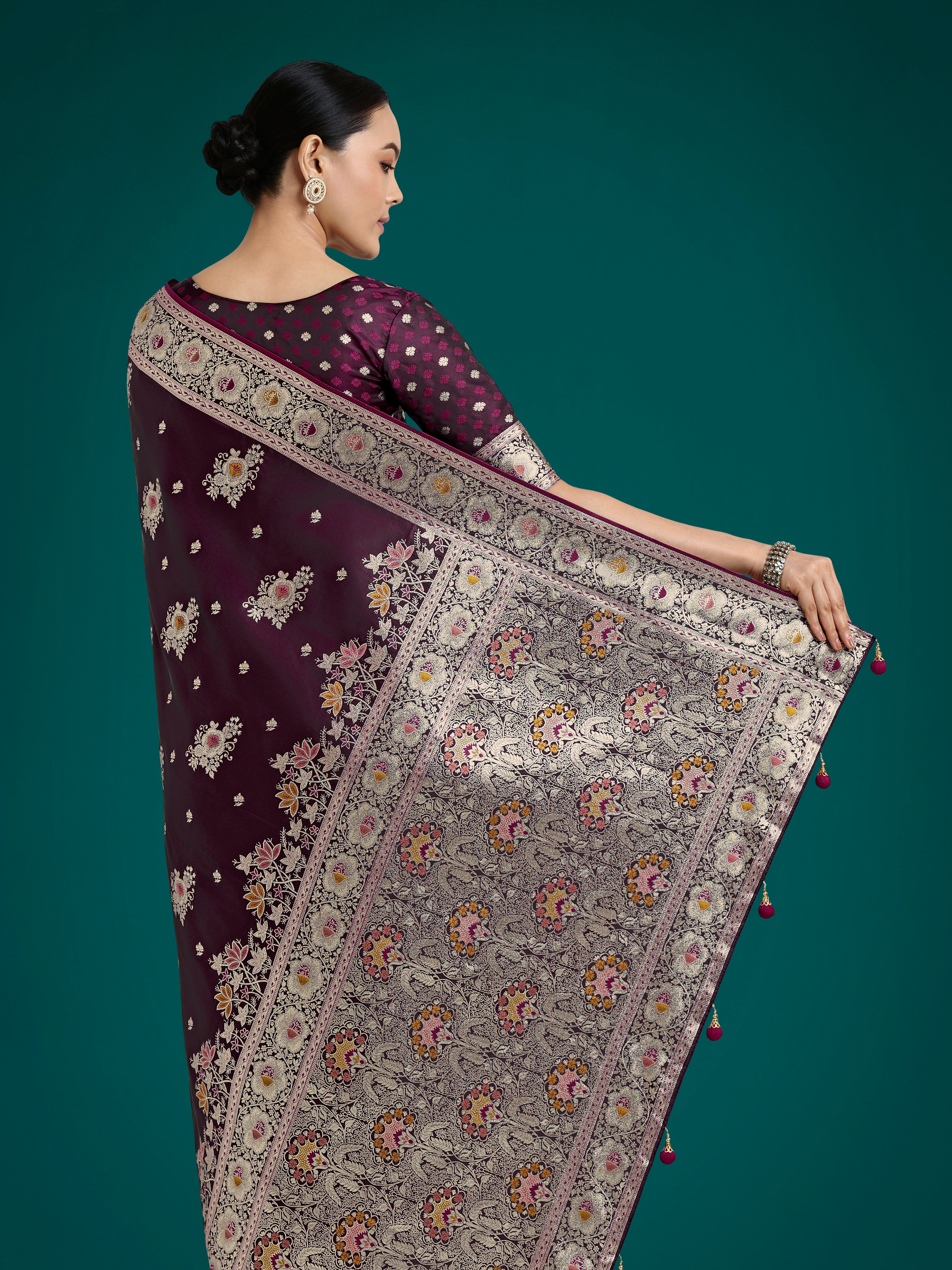 Dark Wine Glamour and Tradition With This Zari Woven Banarasi Satin Silk Saree