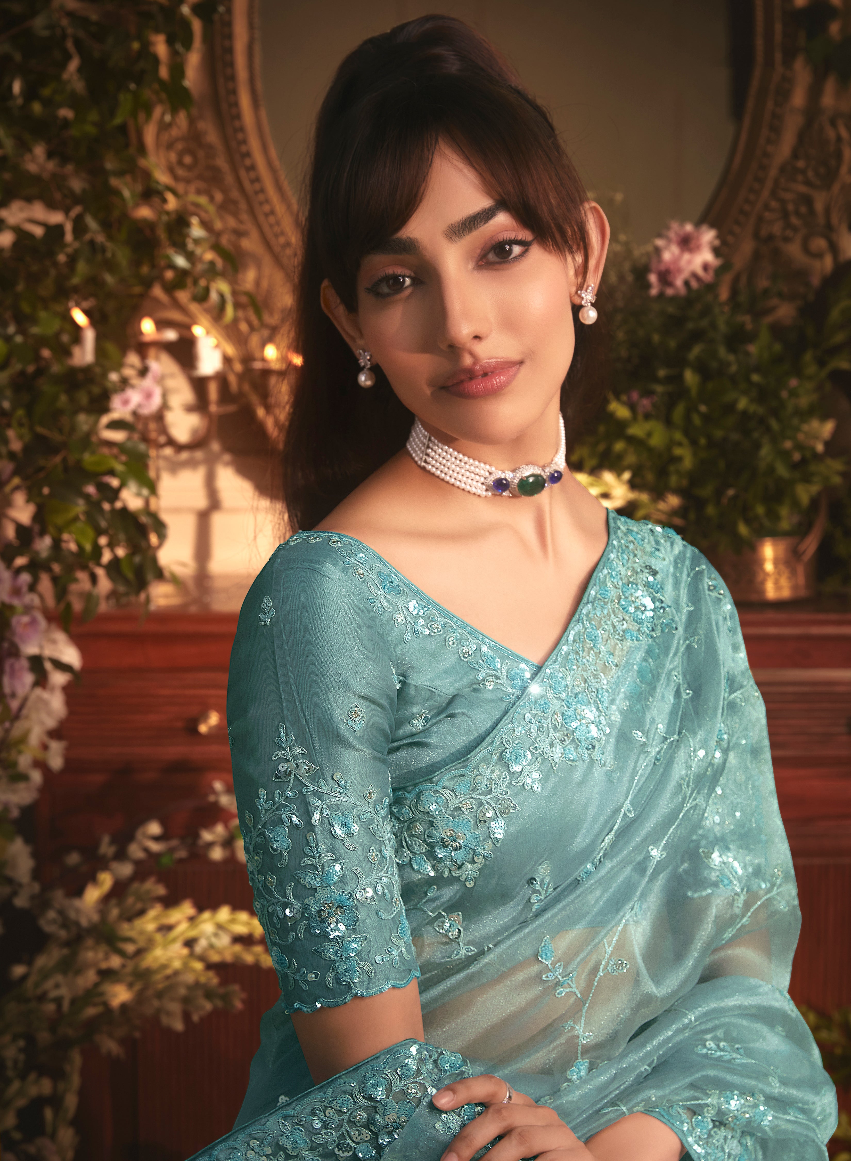 Designer Aqua blue Tissue Organza Saree with All Over Butta Work & Heavy Stone Work