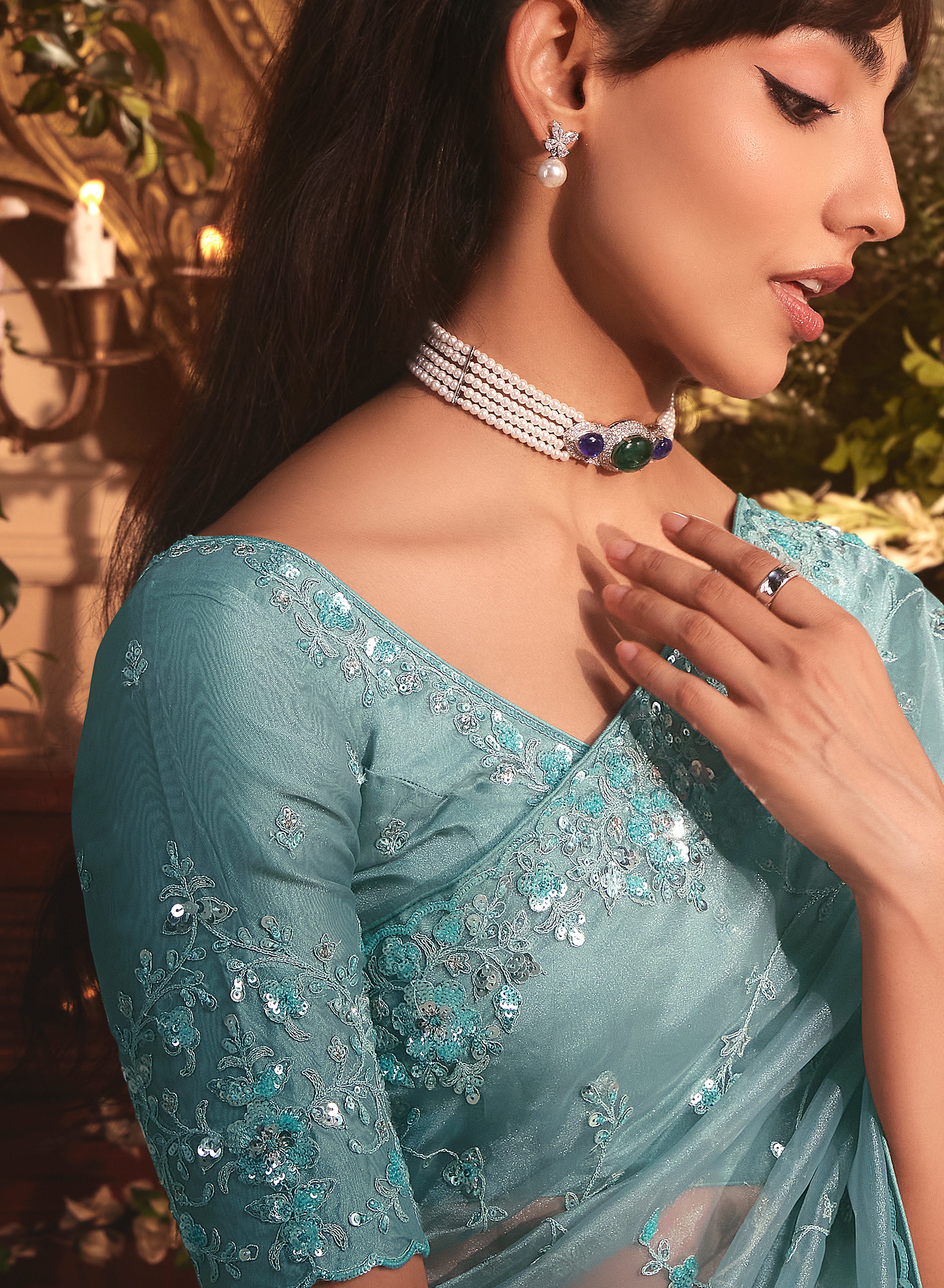 Designer Aqua blue Tissue Organza Saree with All Over Butta Work & Heavy Stone Work