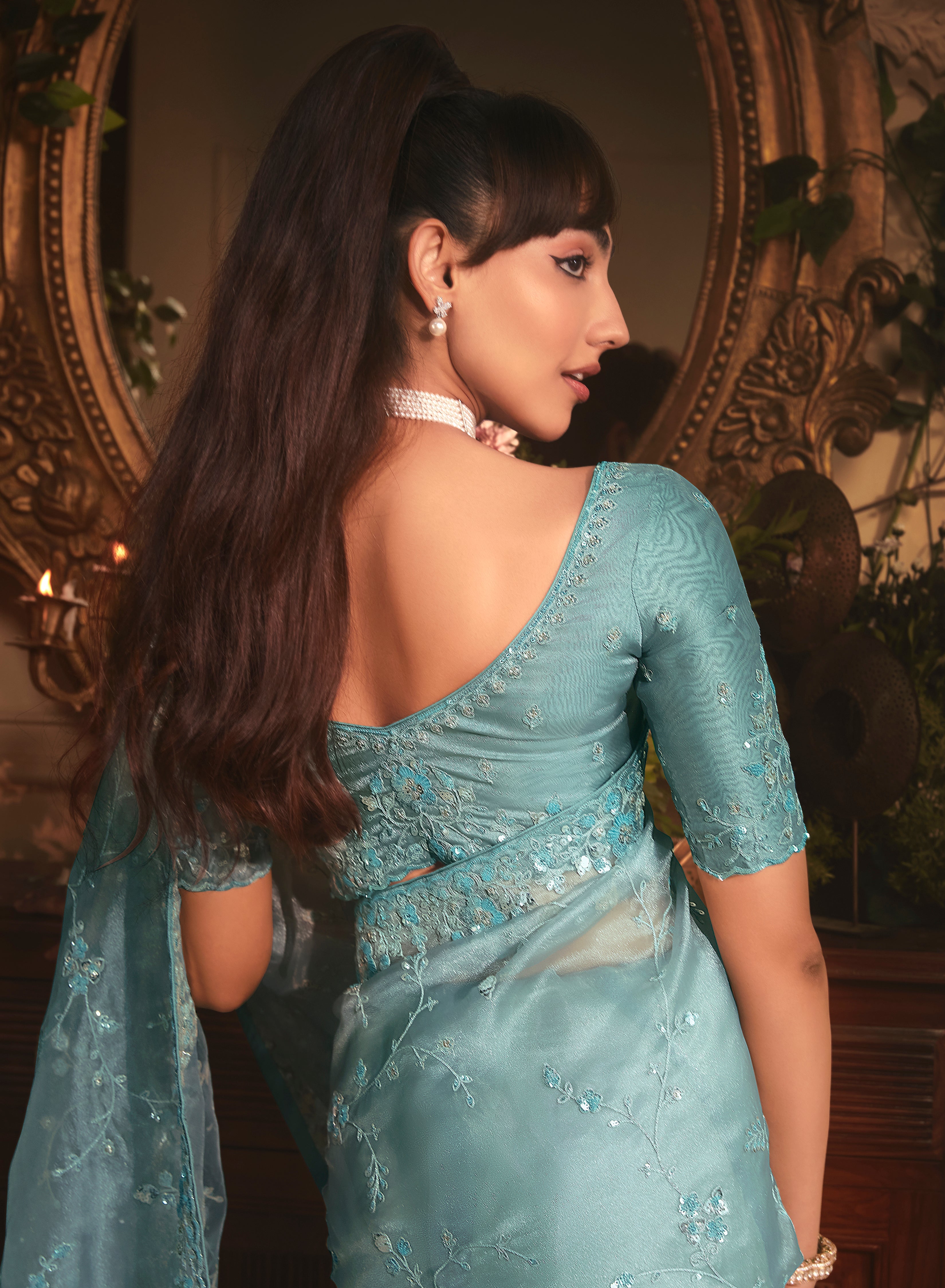 Designer Aqua blue Tissue Organza Saree with All Over Butta Work & Heavy Stone Work