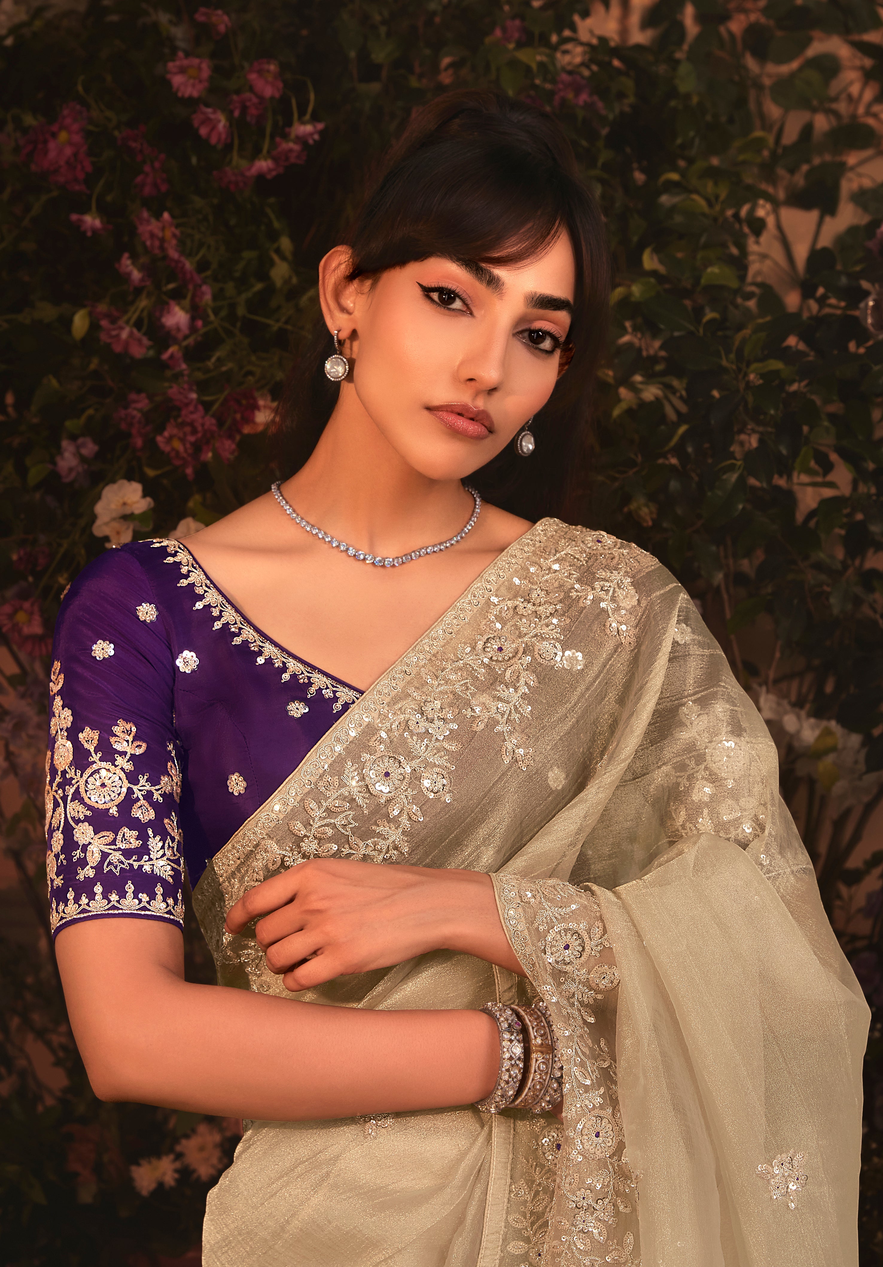 Designer Beige Tissue Organza Saree with All Over Butta Work & Heavy Stone Work