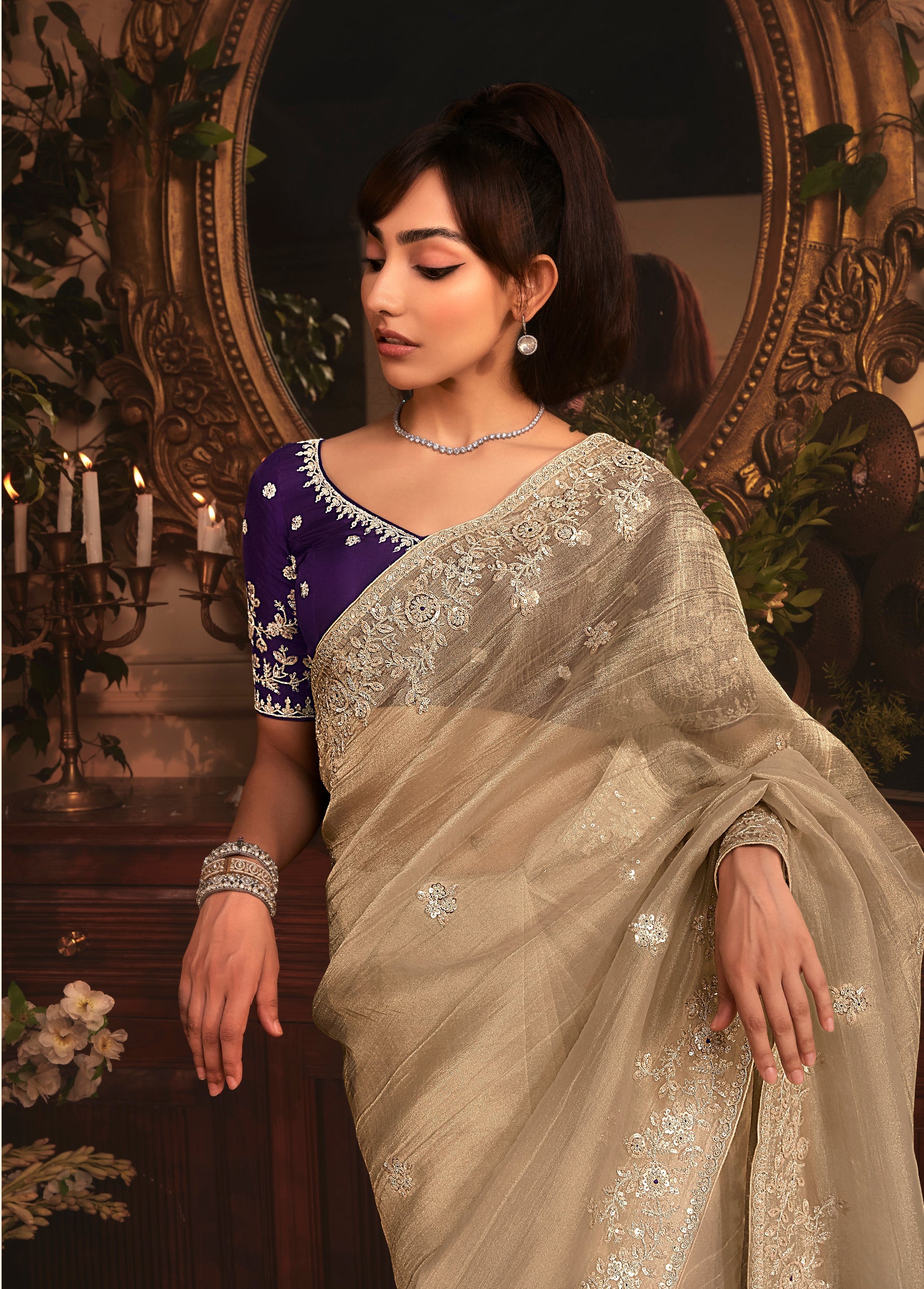 Designer Beige Tissue Organza Saree with All Over Butta Work & Heavy Stone Work