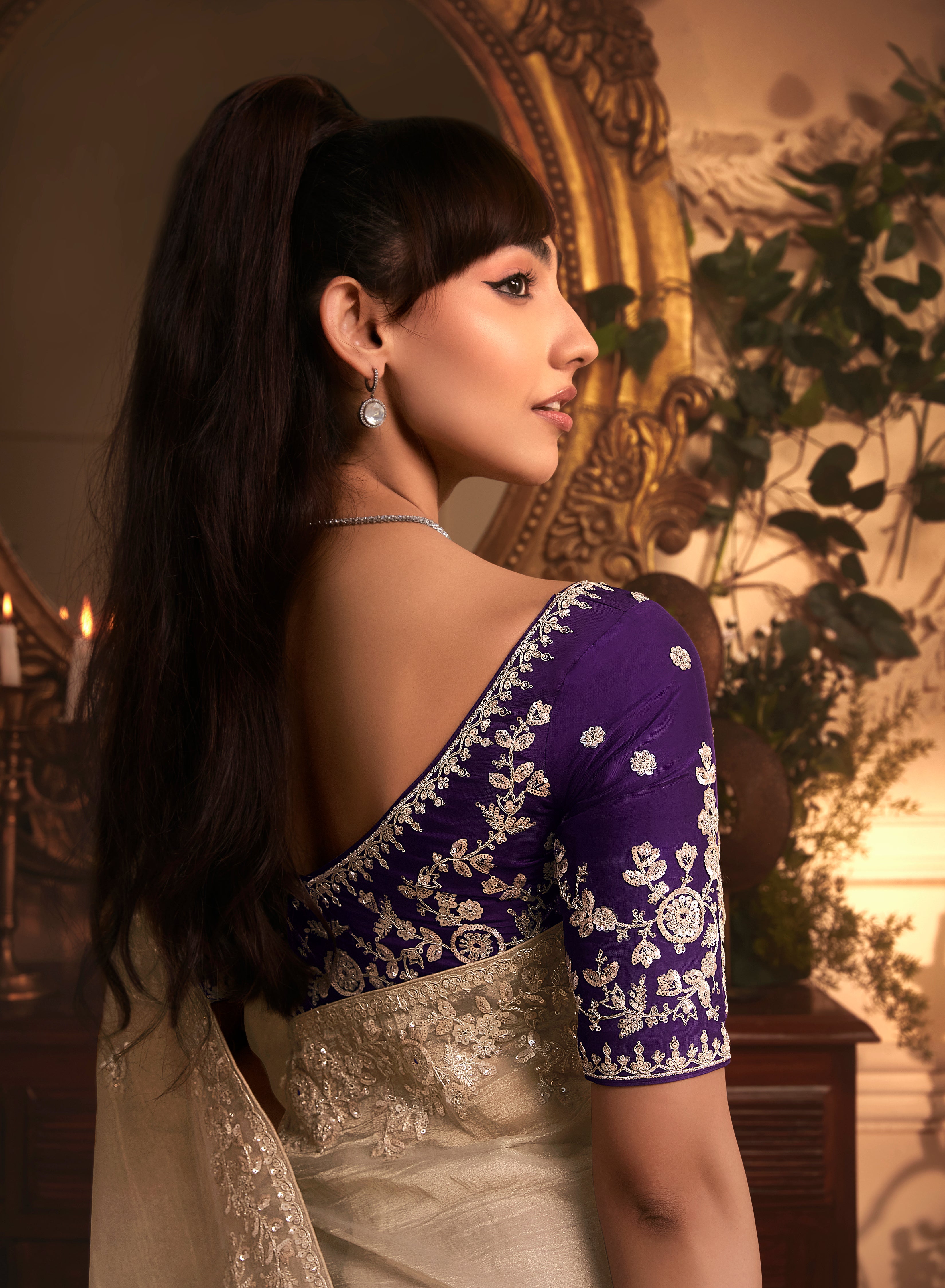 Designer Beige Tissue Organza Saree with All Over Butta Work & Heavy Stone Work