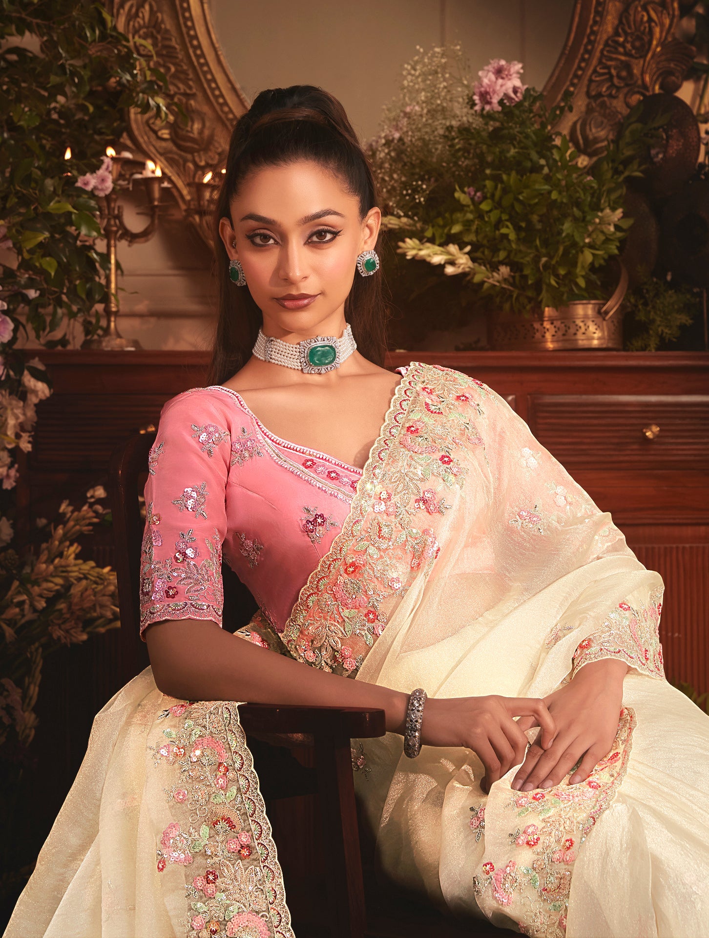 Designer Cream Tissue Organza Saree with All Over Butta Work & Heavy Stone Work