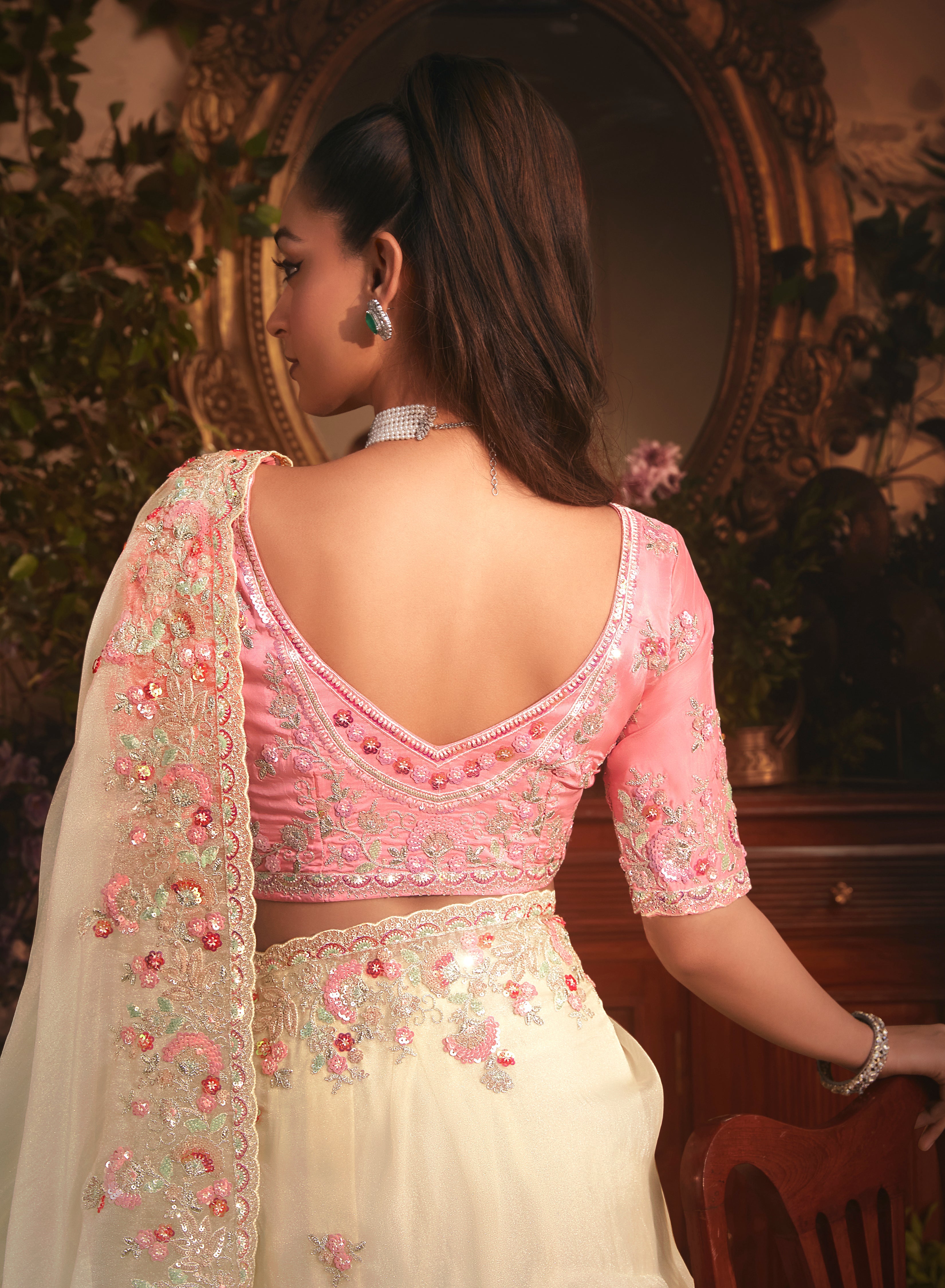 Designer Cream Tissue Organza Saree with All Over Butta Work & Heavy Stone Work