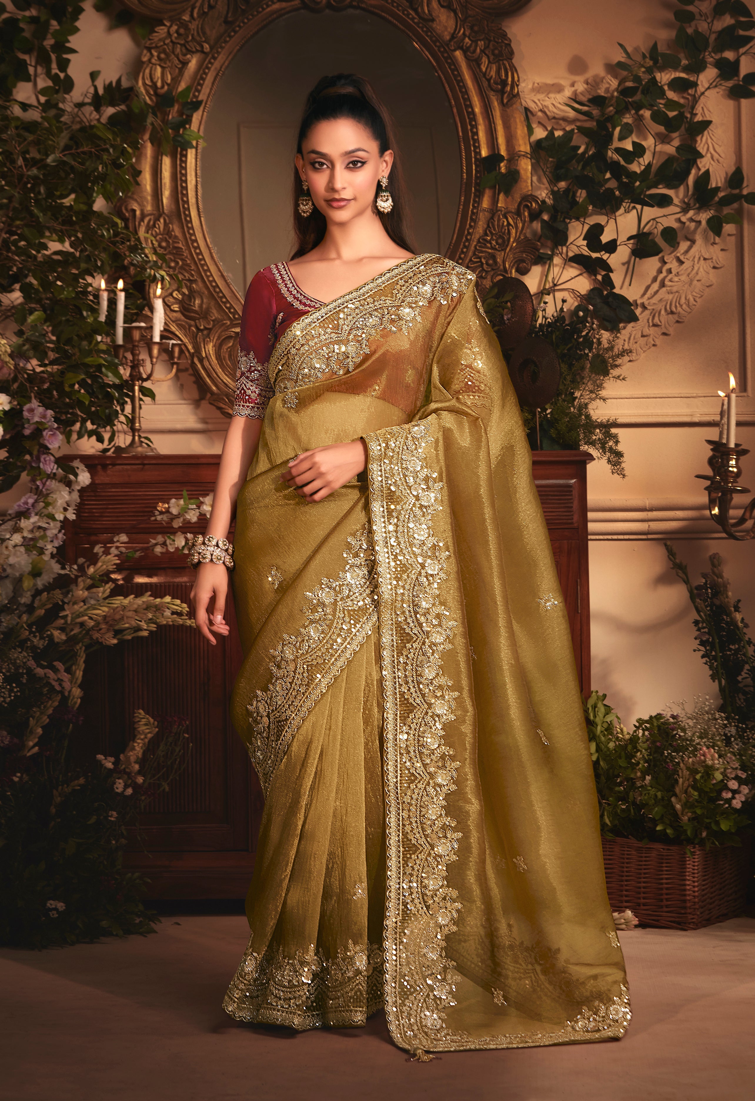 Designer Golden Tissue Organza Saree with All Over Butta Work & Heavy Stone Work