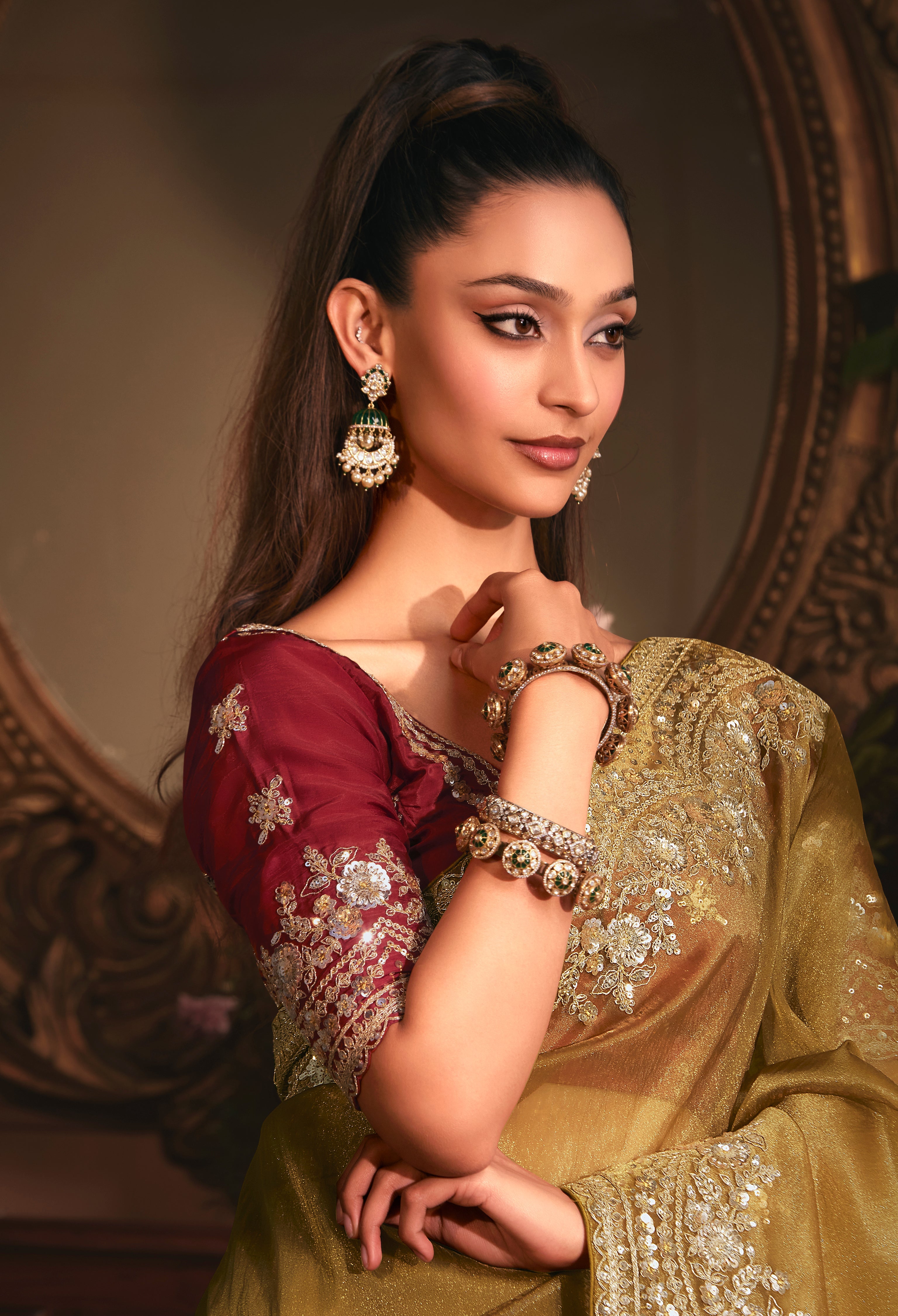 Designer Golden Tissue Organza Saree with All Over Butta Work & Heavy Stone Work