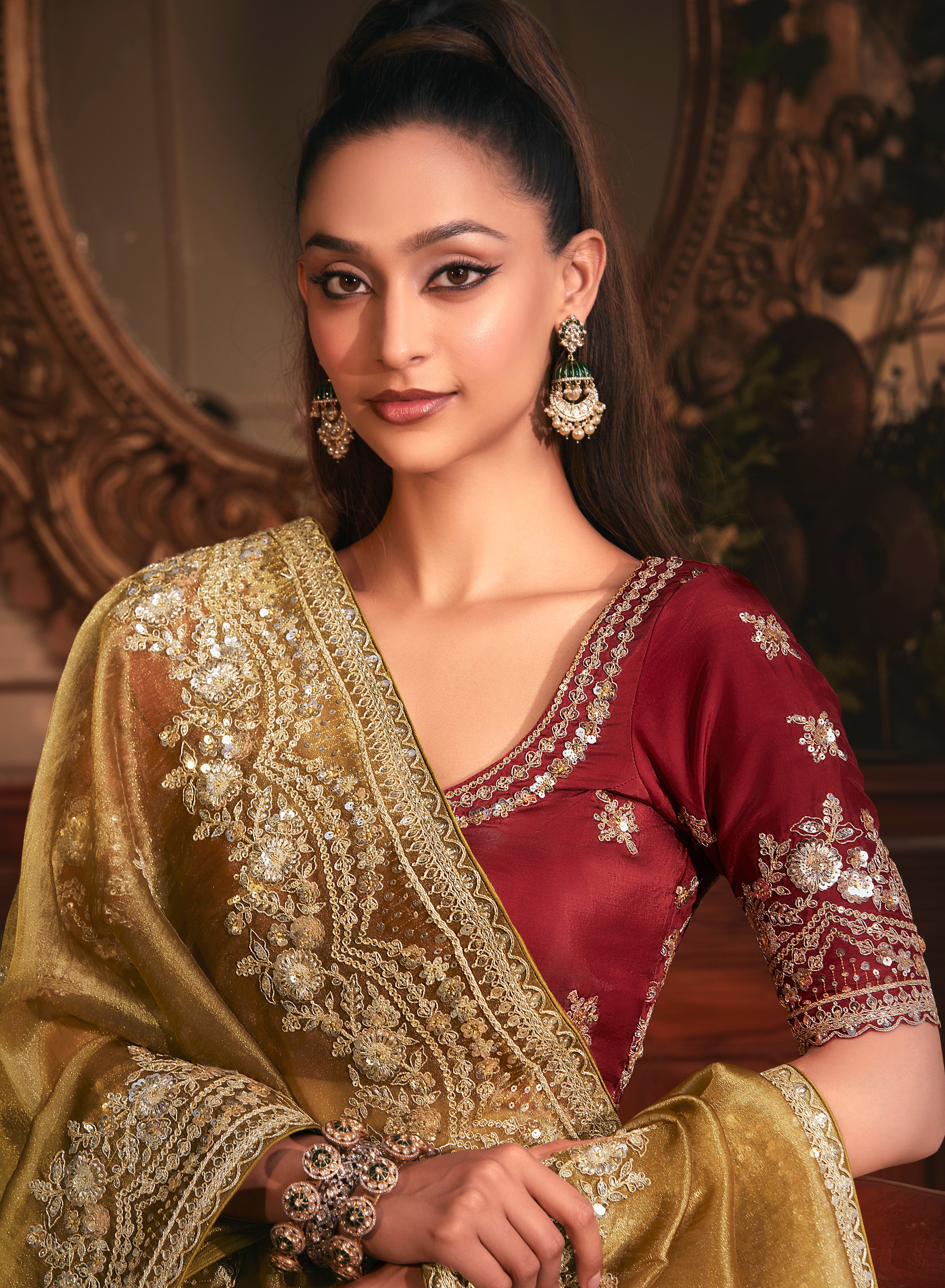 Designer Golden Tissue Organza Saree with All Over Butta Work & Heavy Stone Work