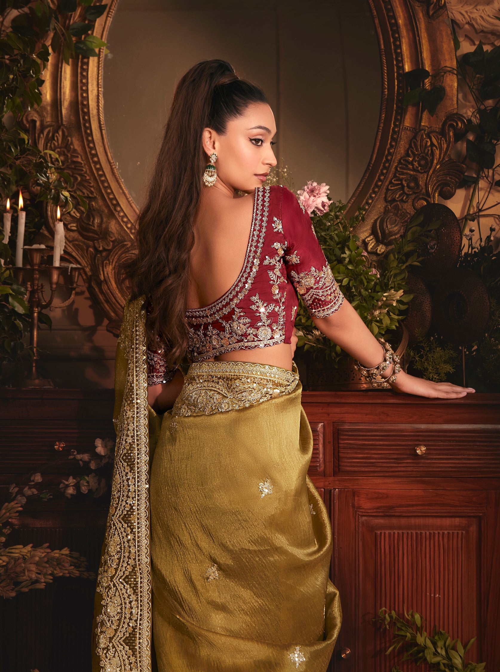 Designer Golden Tissue Organza Saree with All Over Butta Work & Heavy Stone Work
