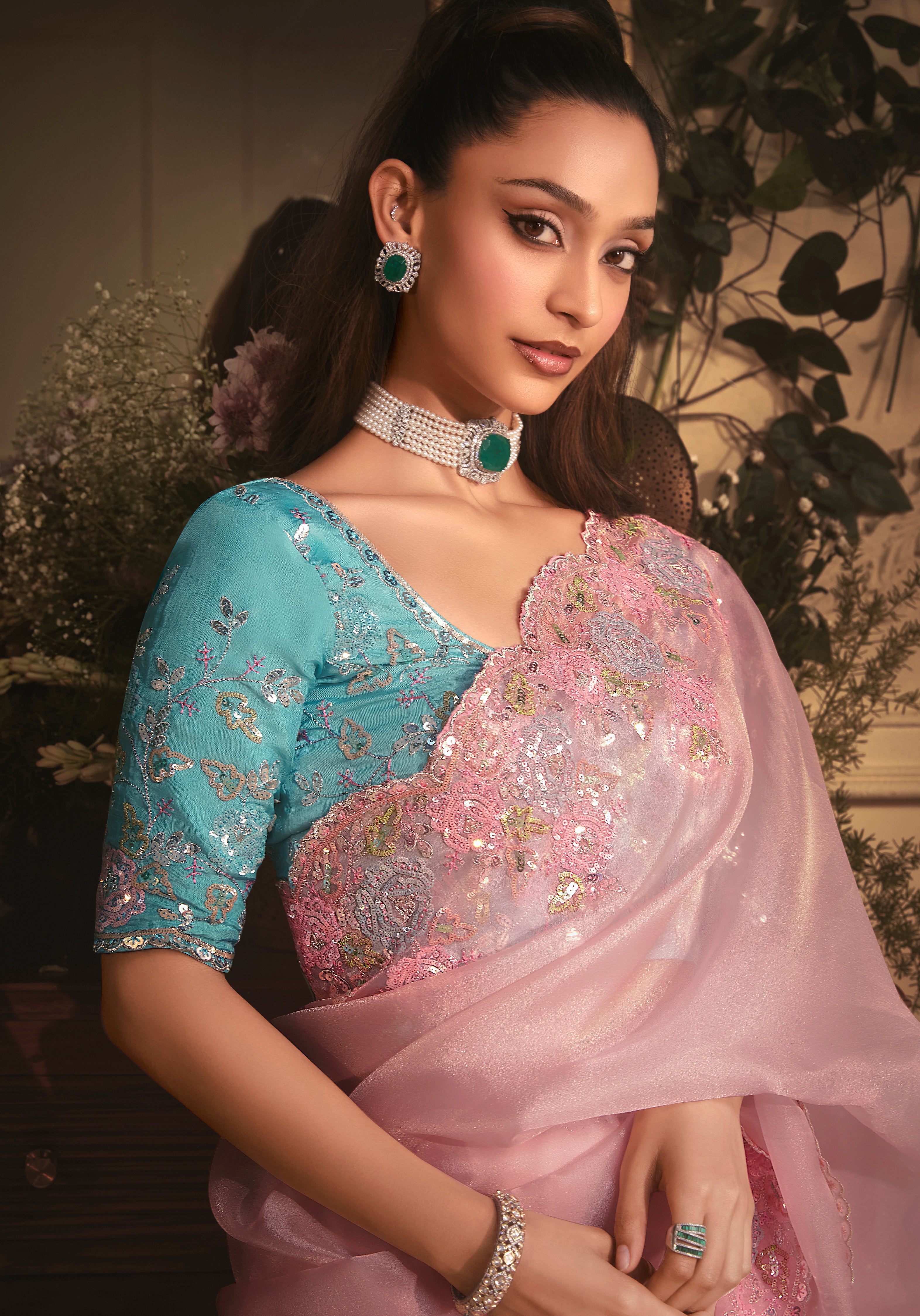 Designer Light Pink Tissue Organza Saree with All Over Butta Work & Heavy Stone Work