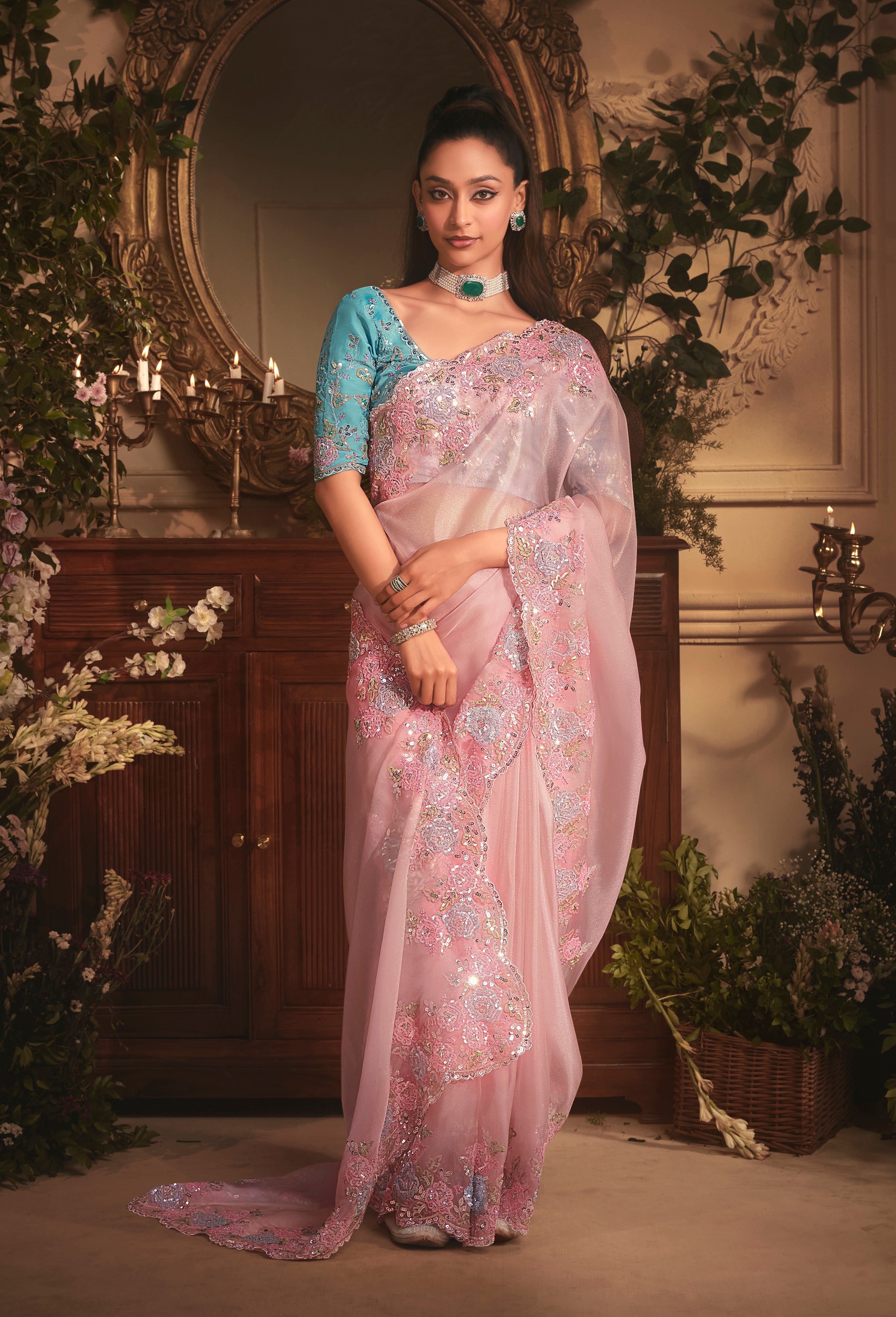 Designer Light Pink Tissue Organza Saree with All Over Butta Work & Heavy Stone Work