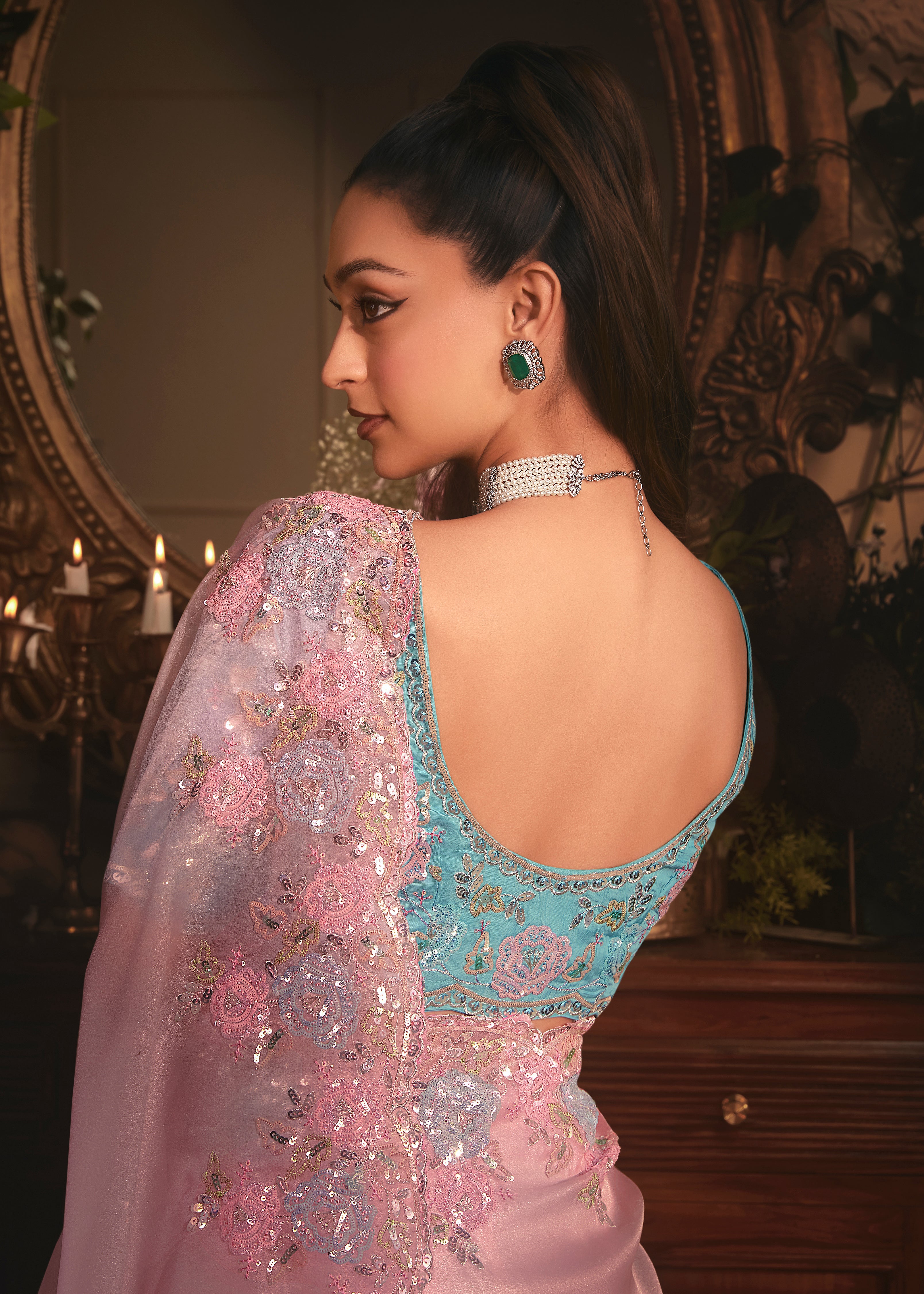 Designer Light Pink Tissue Organza Saree with All Over Butta Work & Heavy Stone Work