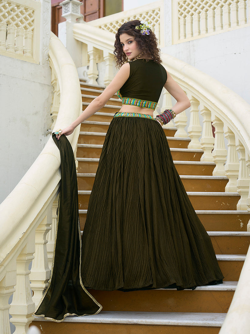 Designer Lehenga Choli Crush Silk in Olive Green