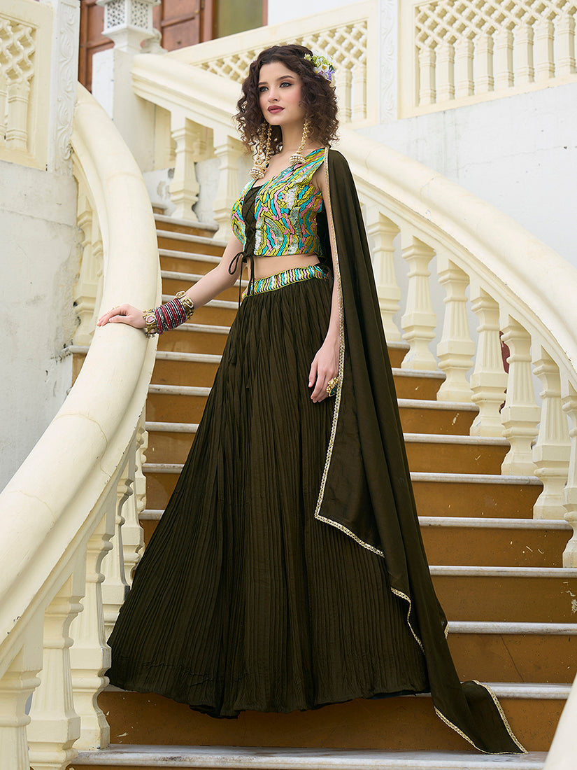 Designer Lehenga Choli Crush Silk in Olive Green
