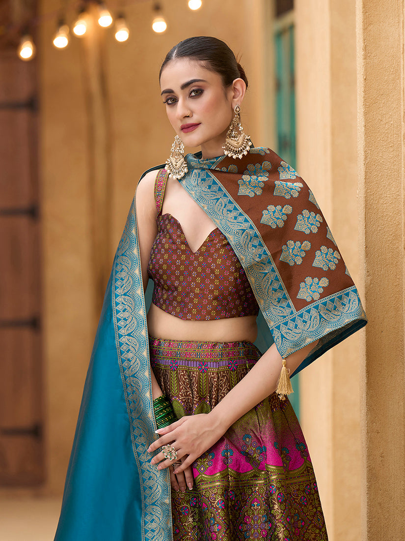 Designer Lehenga Choli Jacquard Kanjiwaram silk in Brown