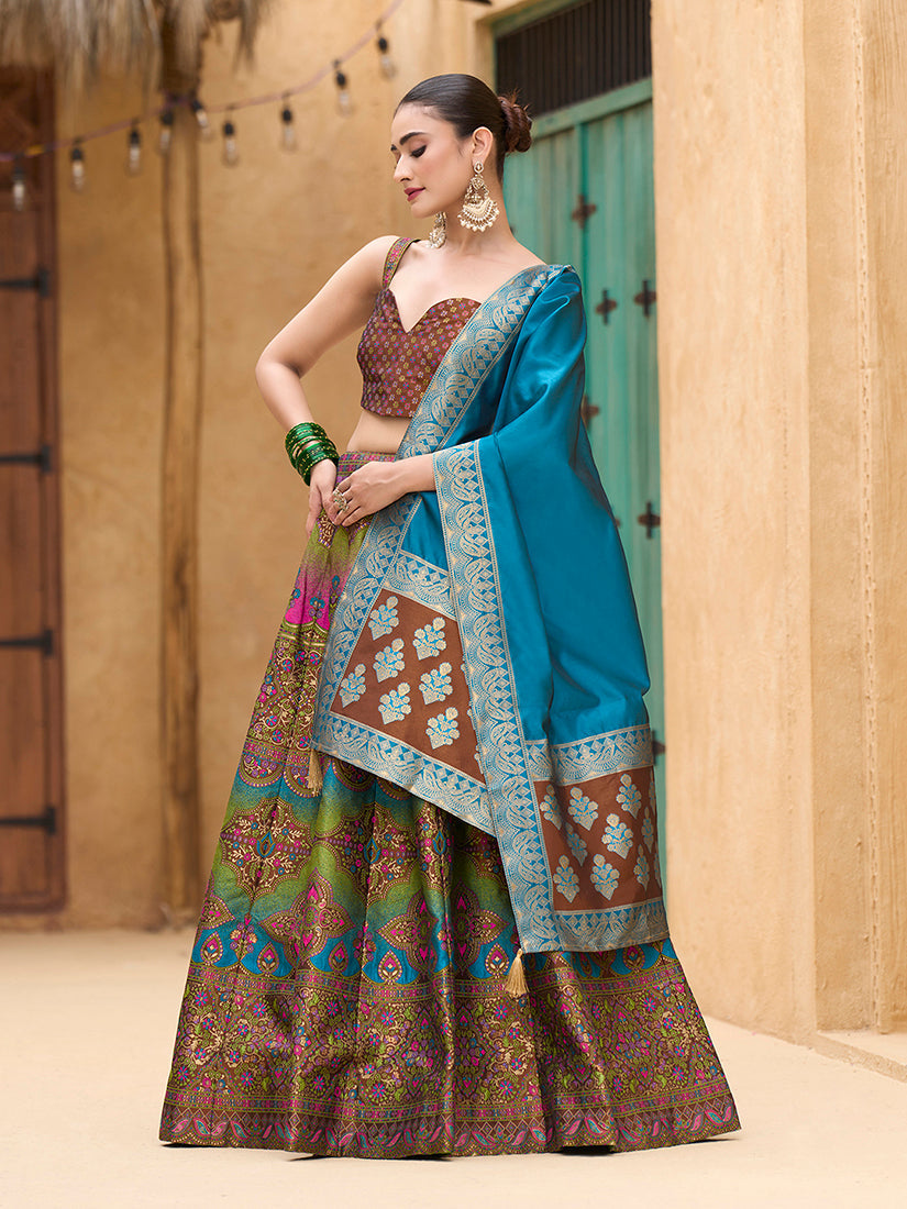 Designer Lehenga Choli Jacquard Kanjiwaram silk in Brown