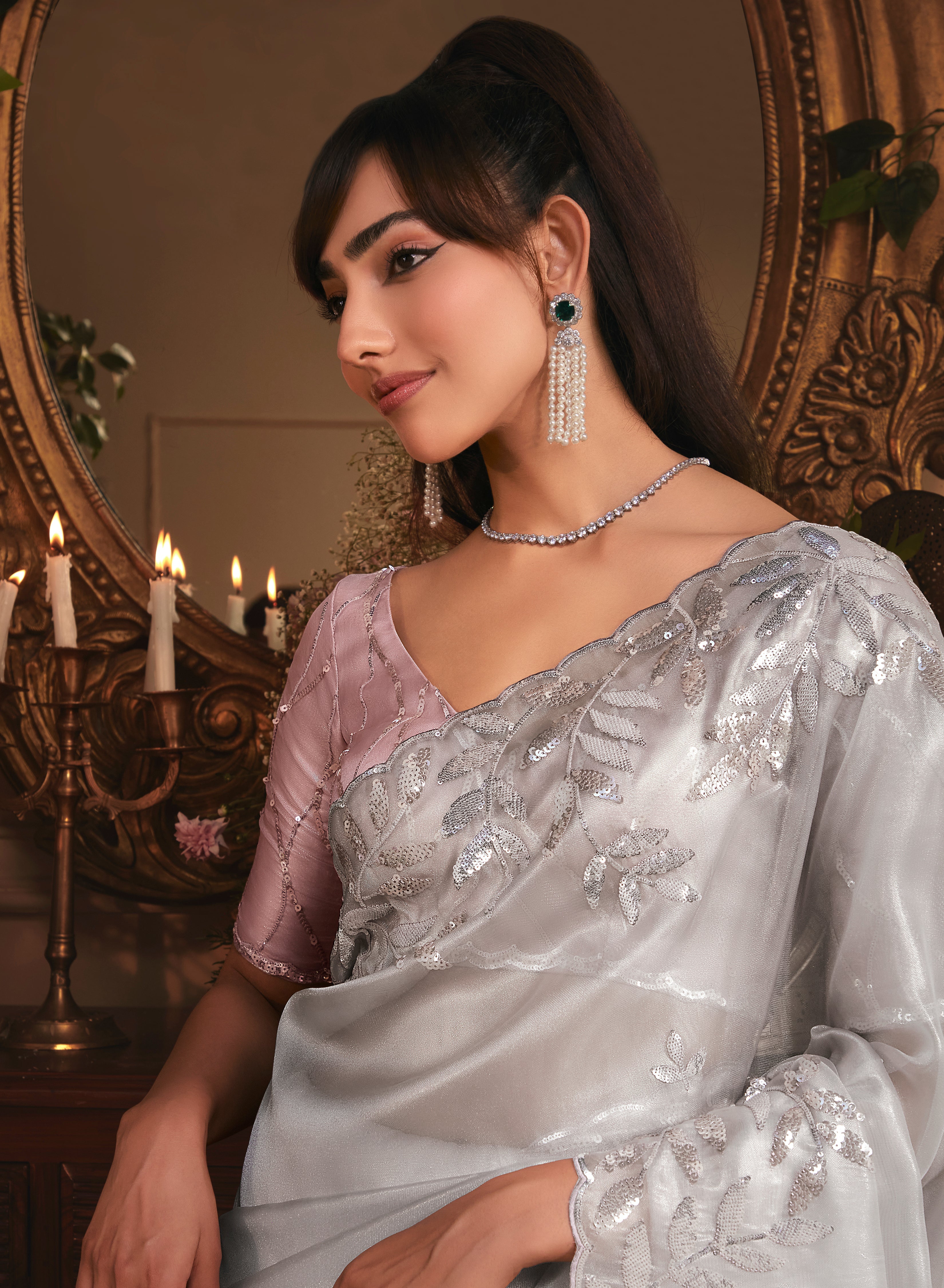 Designer Light Grey Tissue Organza Saree with All Over Butta Work & Heavy Stone Work