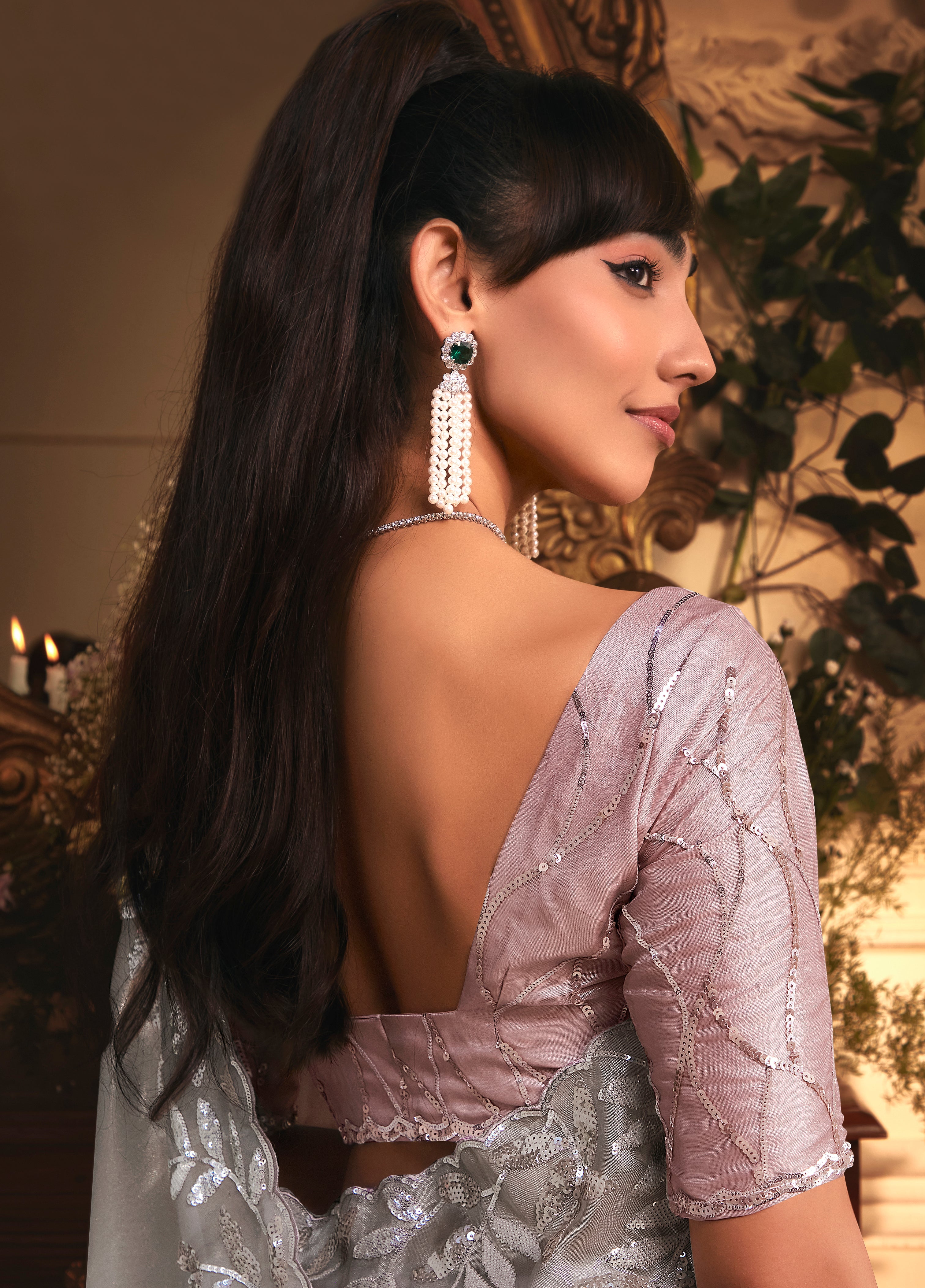 Designer Light Grey Tissue Organza Saree with All Over Butta Work & Heavy Stone Work