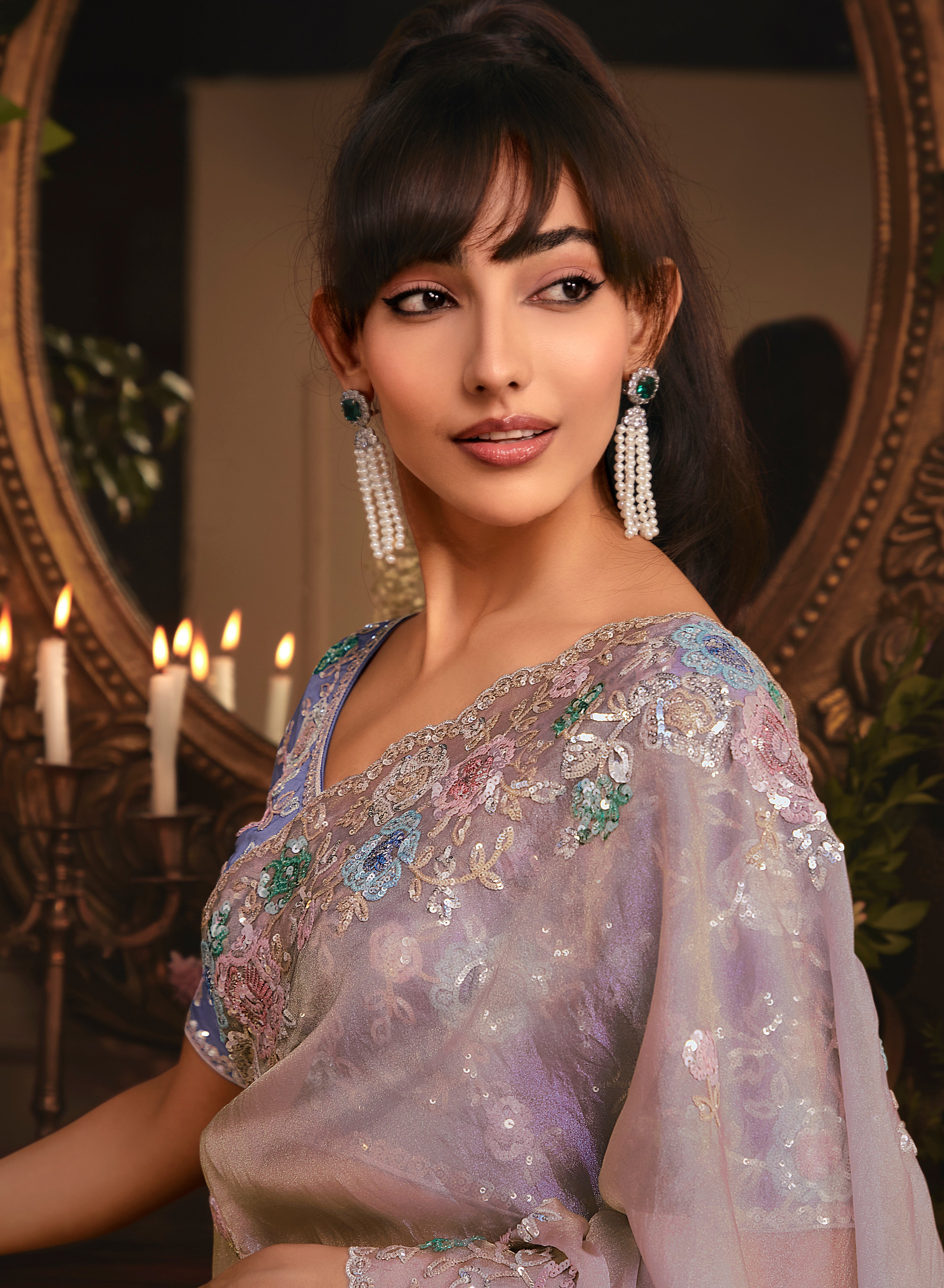 Designer Light Lilac Tissue Organza Saree with All Over Butta Work & Heavy Stone Work