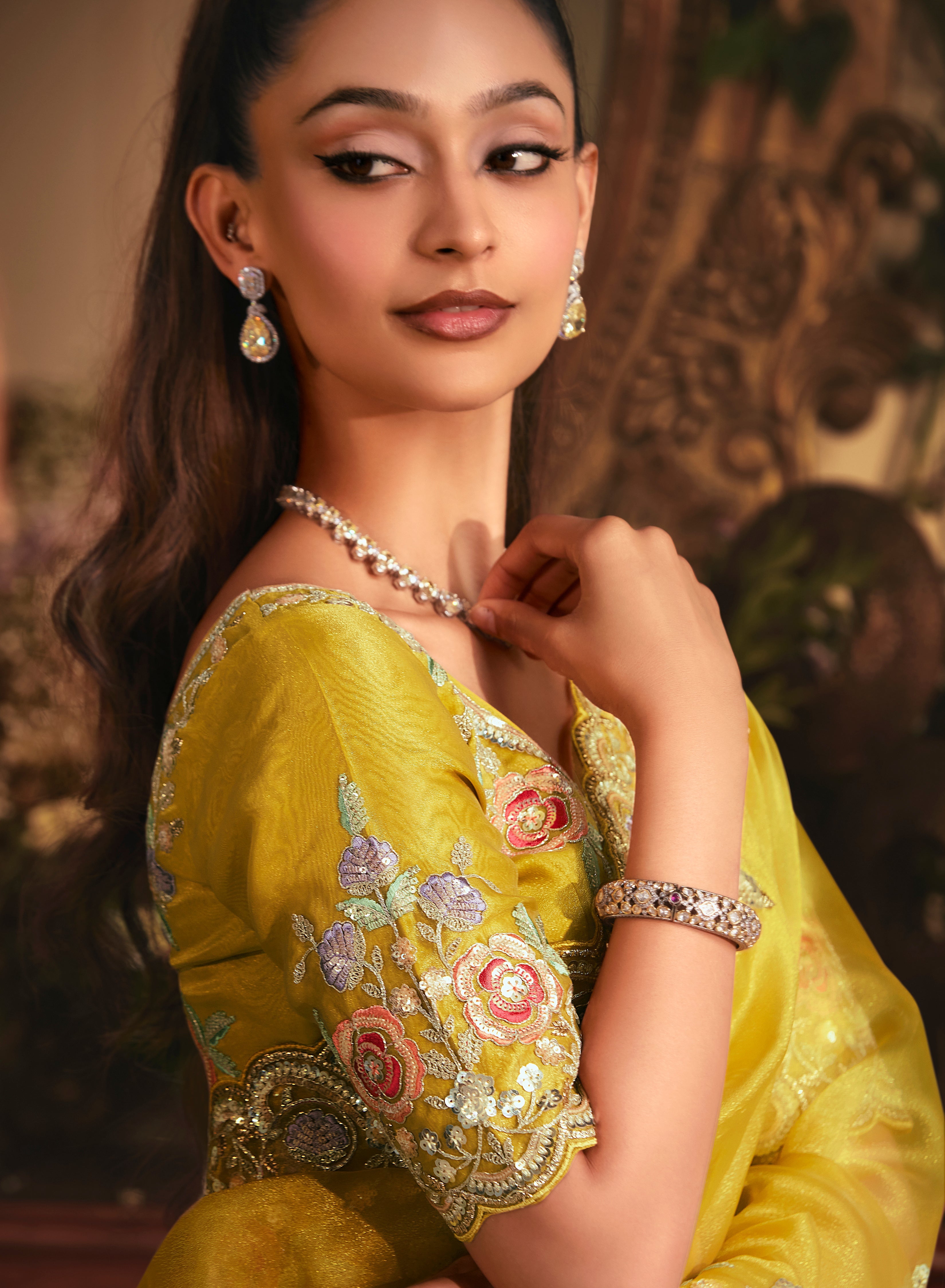 Designer Mustard Tissue Organza Saree with All Over Butta Work & Heavy Stone Work