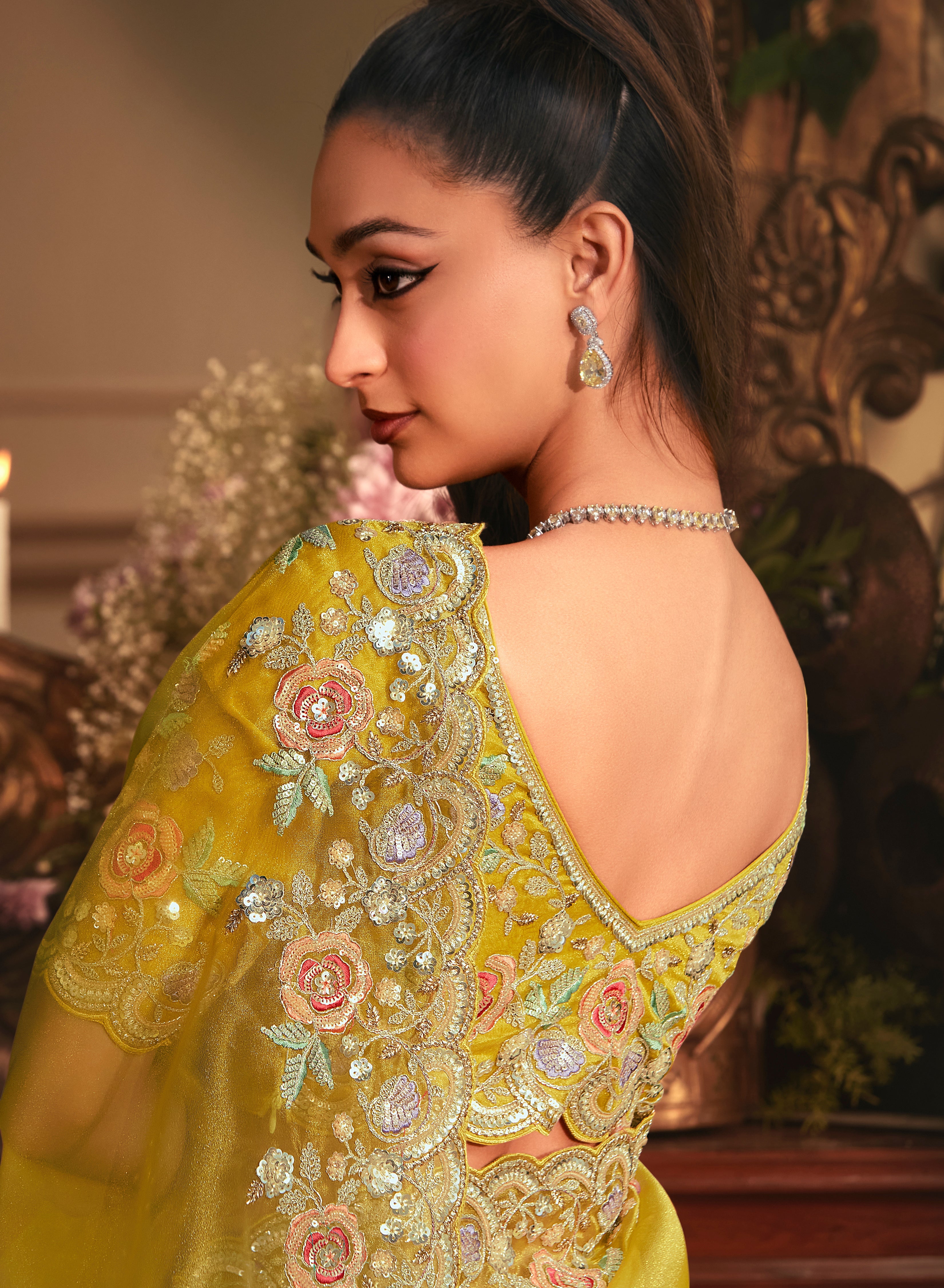 Designer Mustard Tissue Organza Saree with All Over Butta Work & Heavy Stone Work