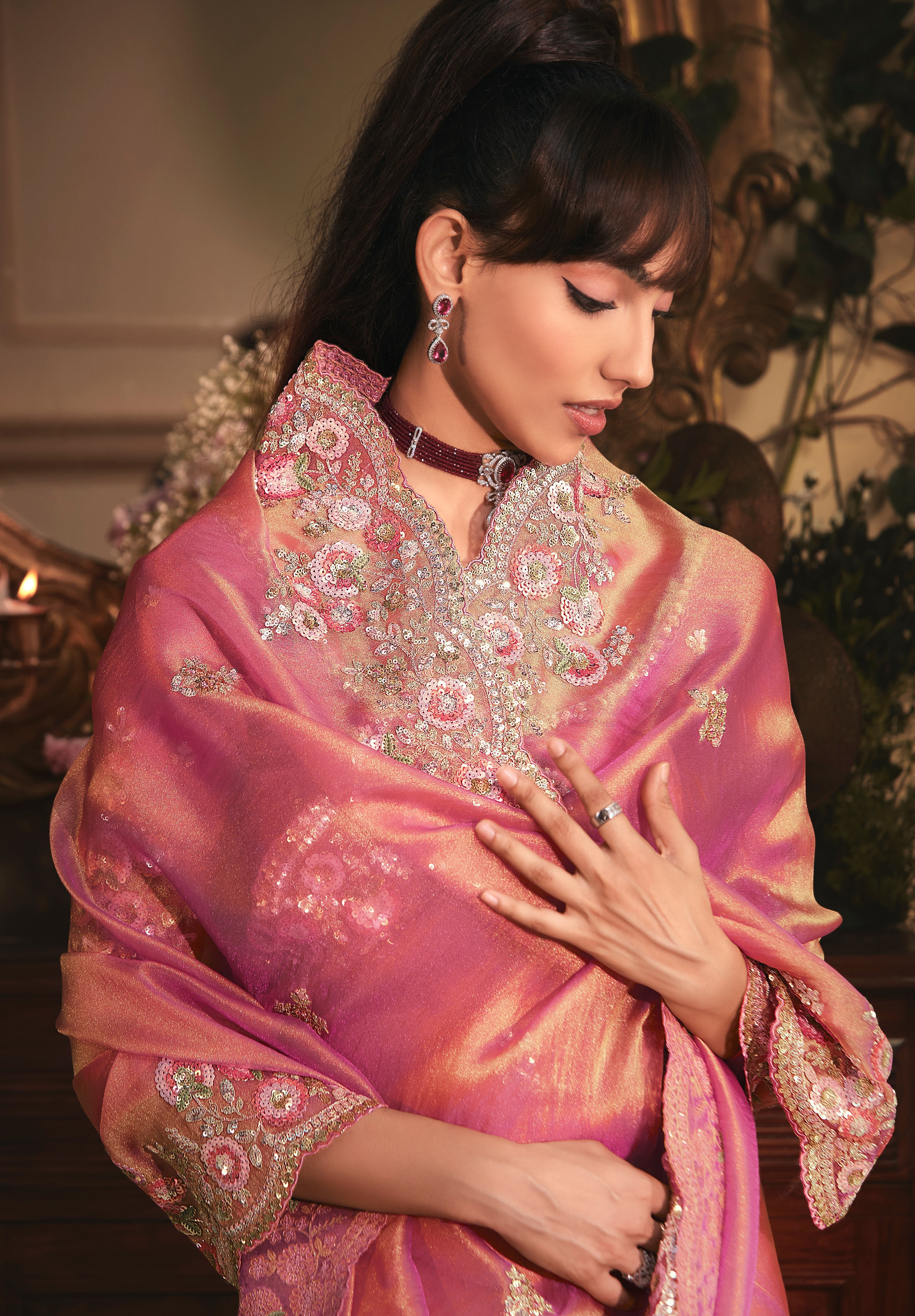 Designer Pink Tissue Organza Saree with All Over Butta Work & Heavy Stone Work