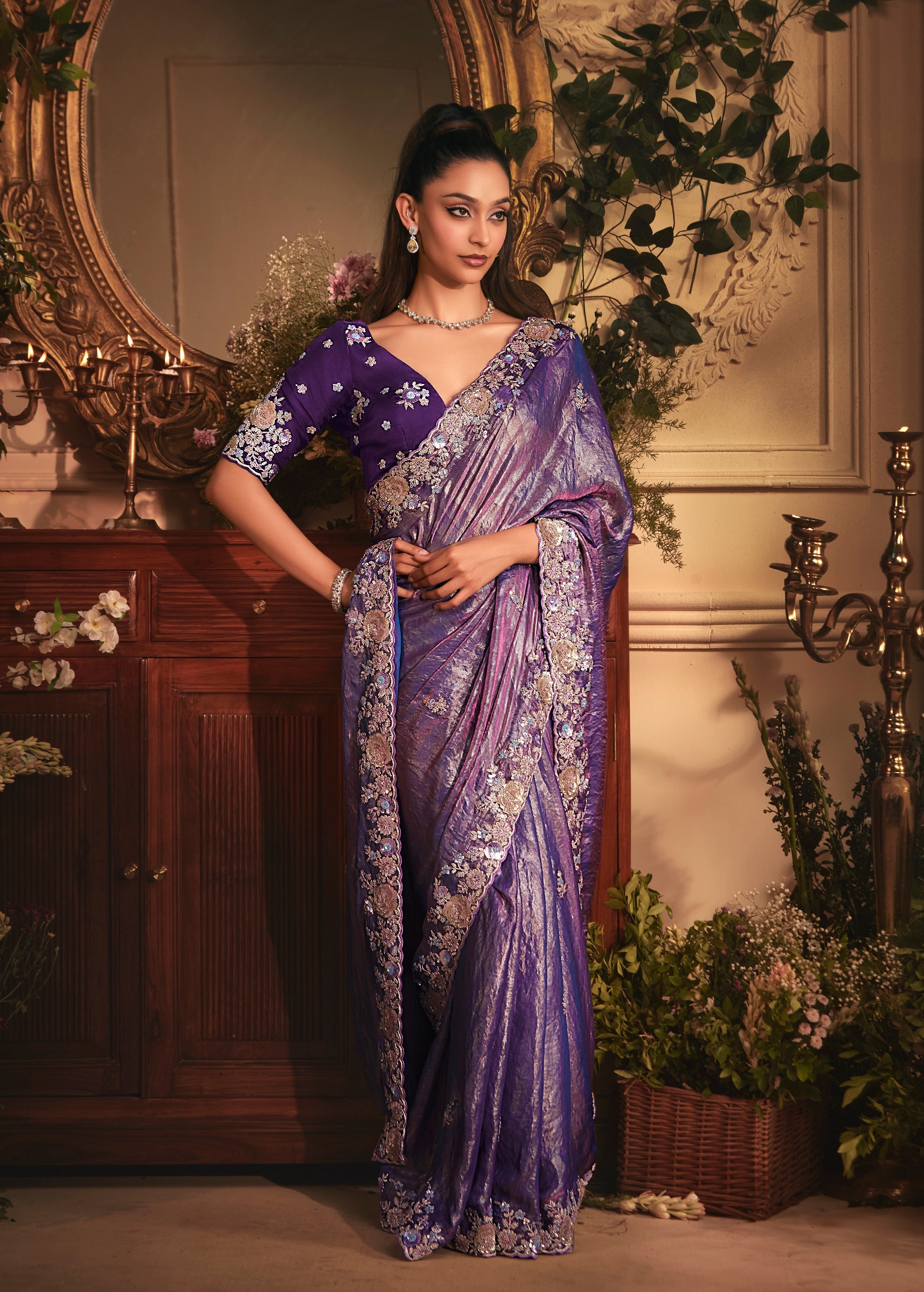 Designer Purple Tissue Organza Saree with All Over Butta Work & Heavy Stone Work