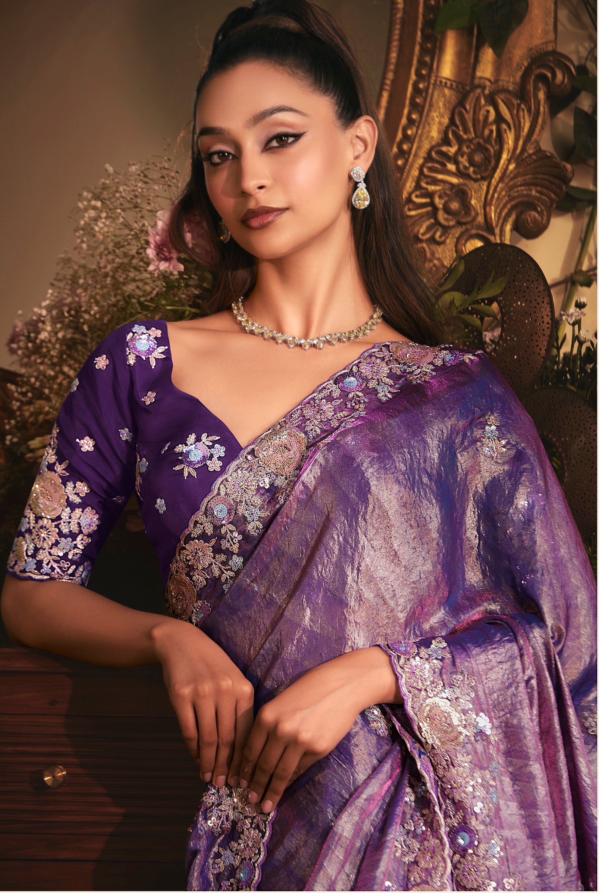 Designer Purple Tissue Organza Saree with All Over Butta Work & Heavy Stone Work