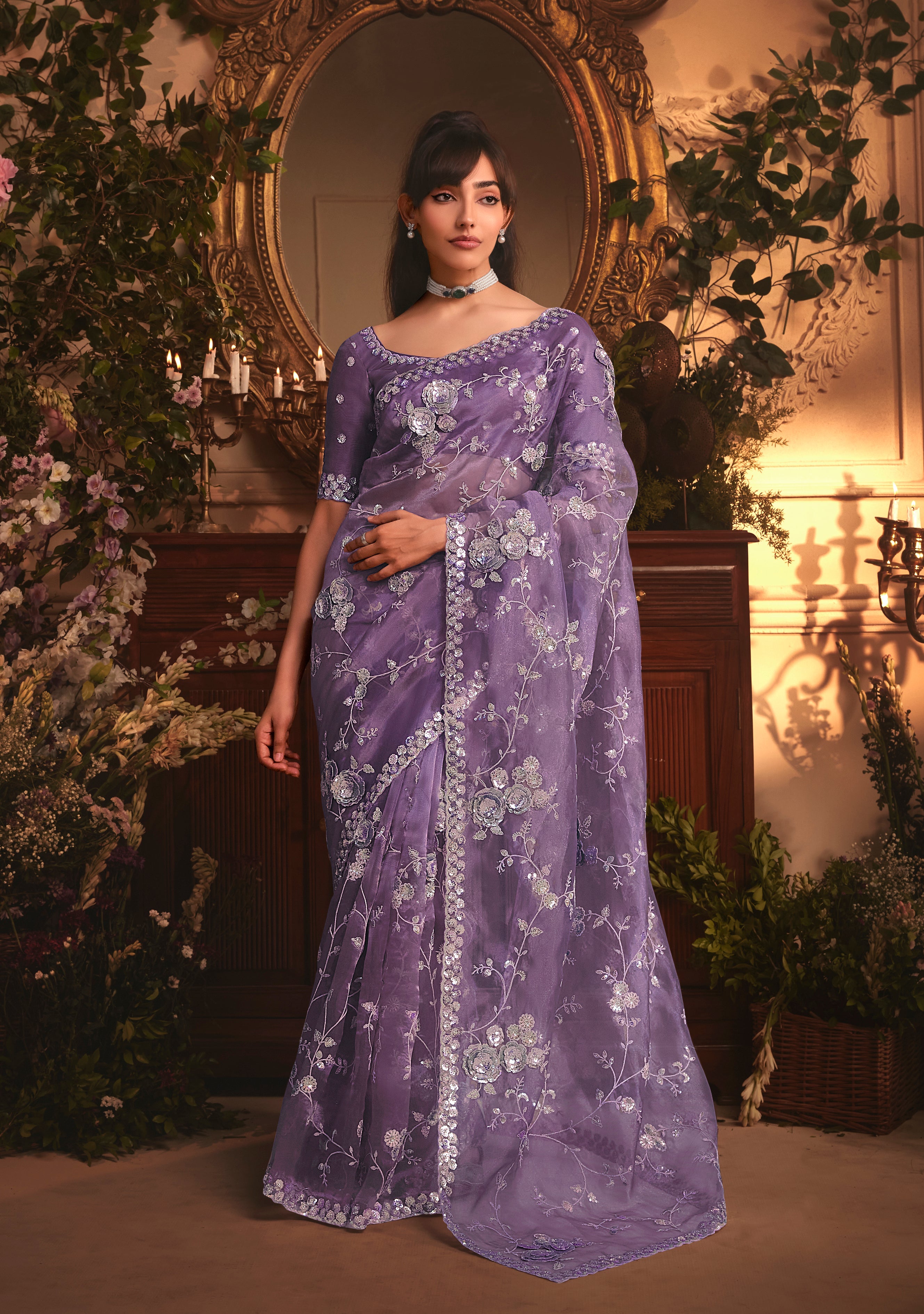 Designer Purple Tissue Organza Saree with All Over Butta Work & Heavy Stone Work