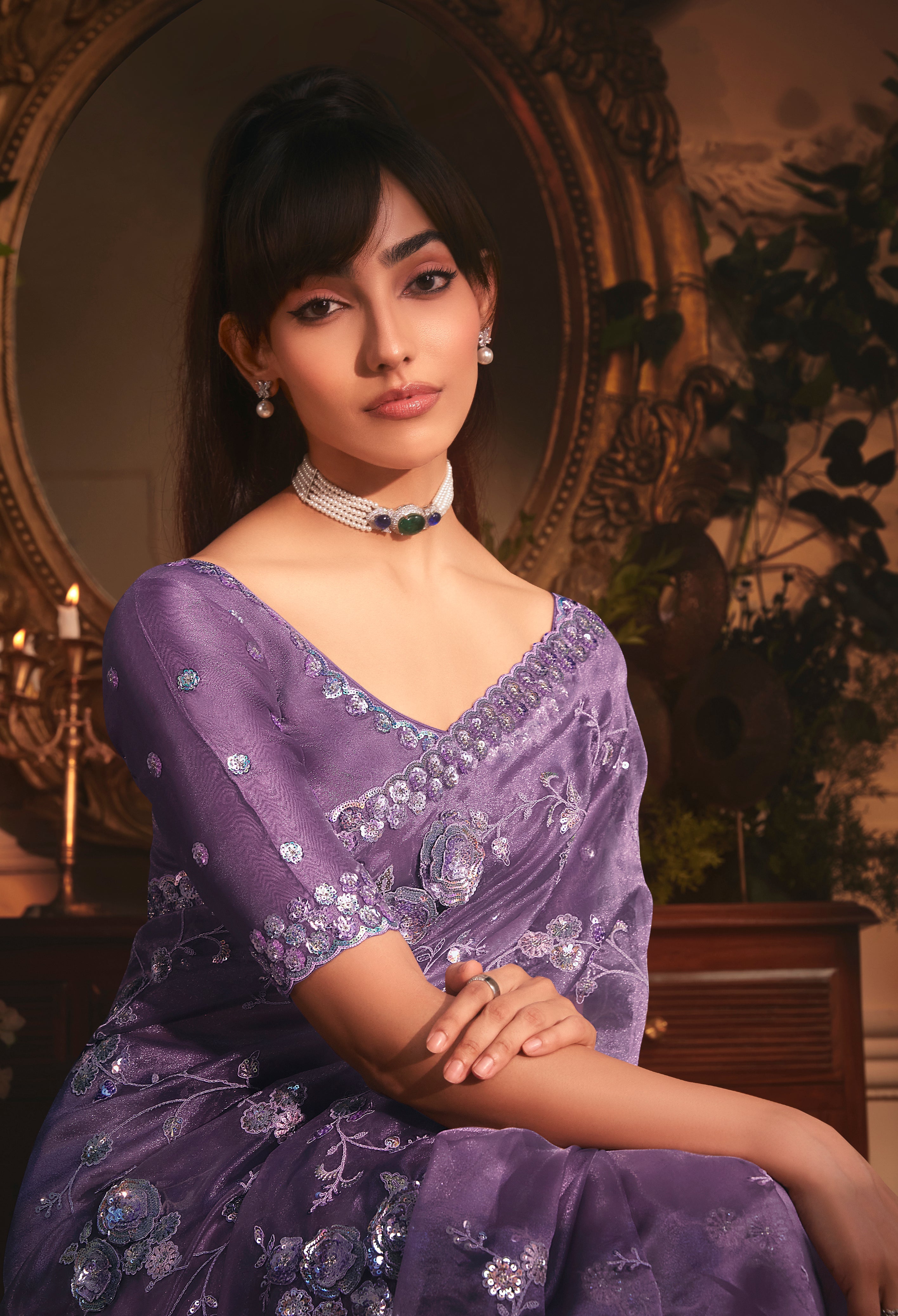 Designer Purple Tissue Organza Saree with All Over Butta Work & Heavy Stone Work