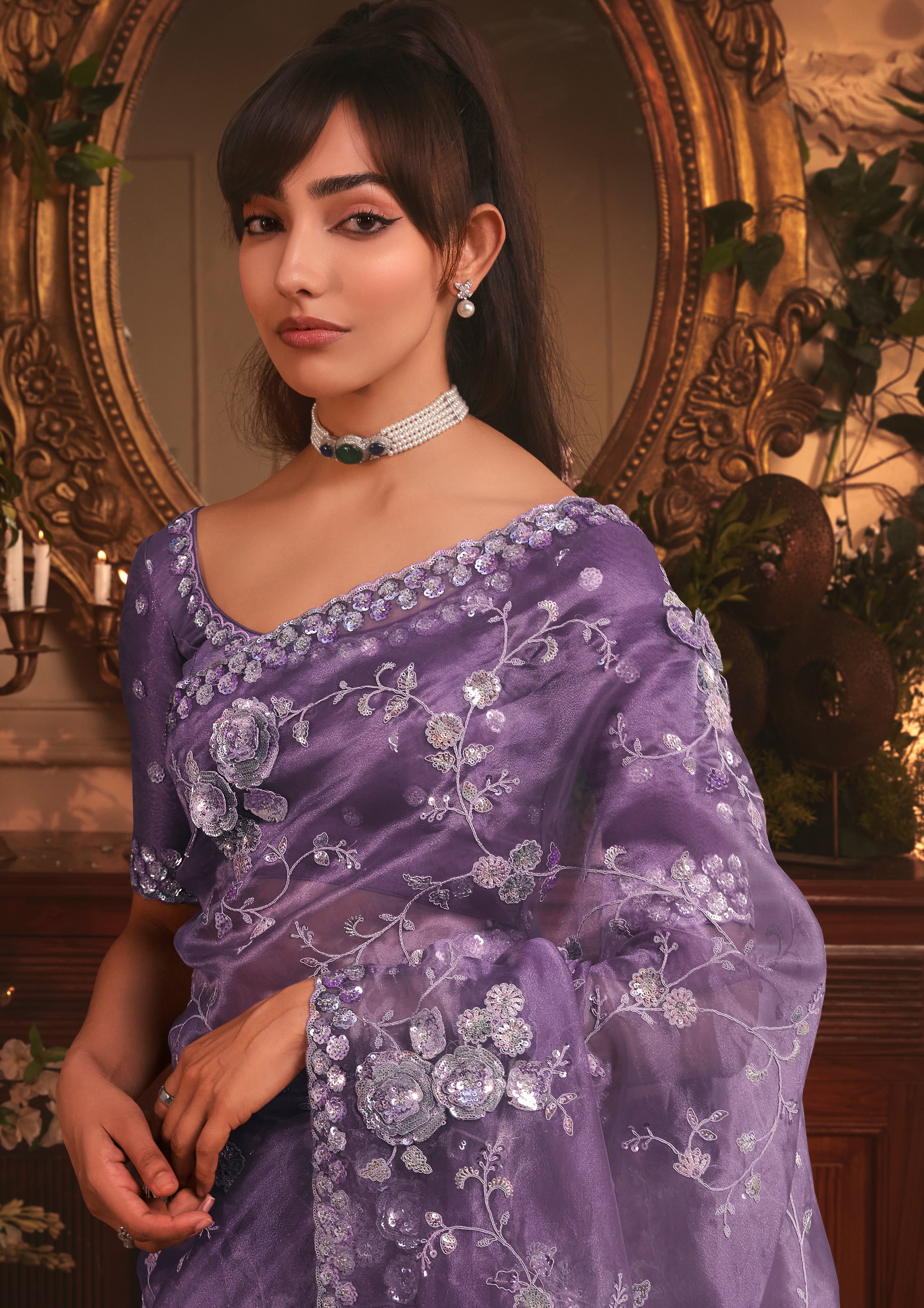 Designer Purple Tissue Organza Saree with All Over Butta Work & Heavy Stone Work