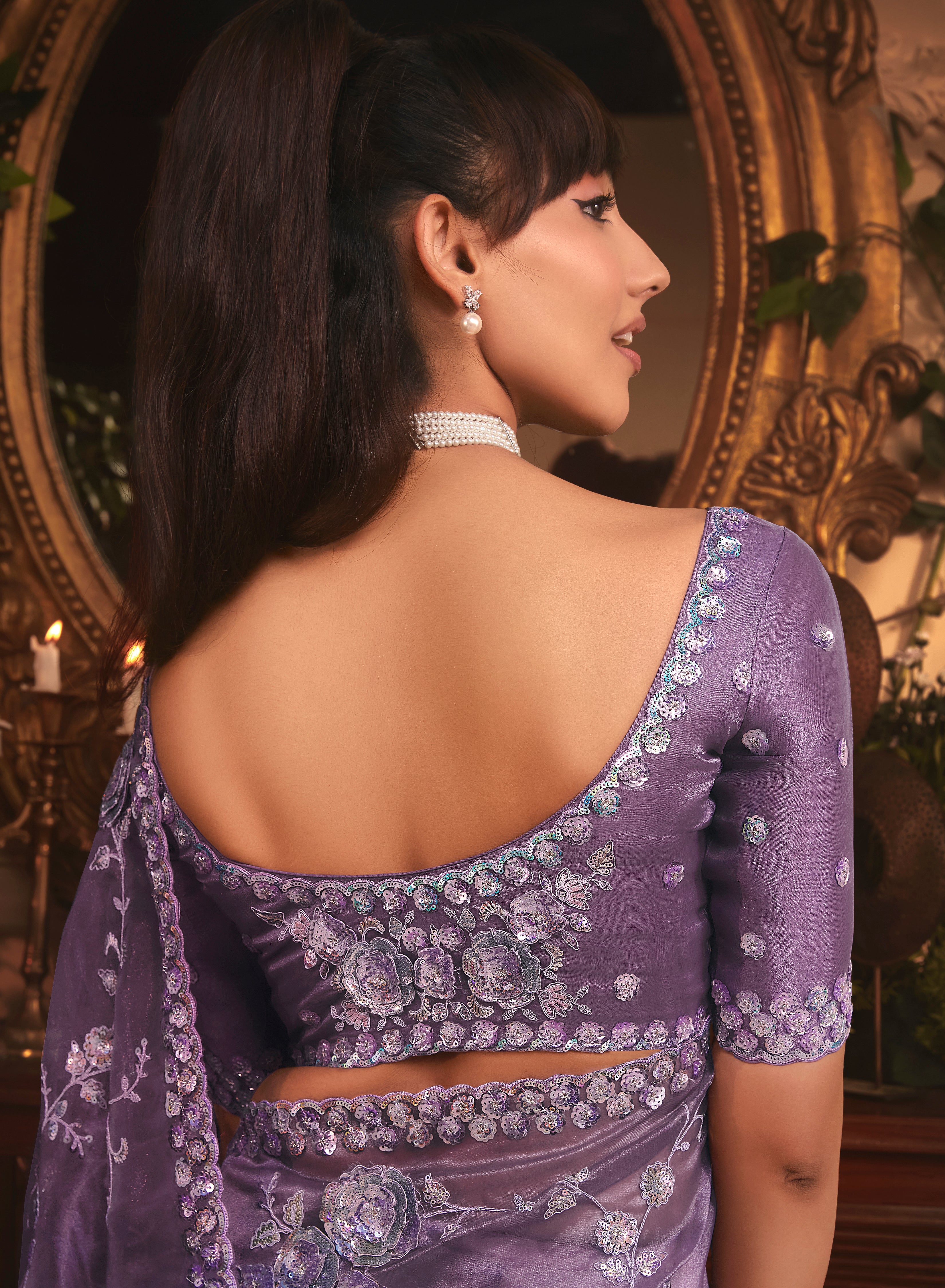 Designer Purple Tissue Organza Saree with All Over Butta Work & Heavy Stone Work