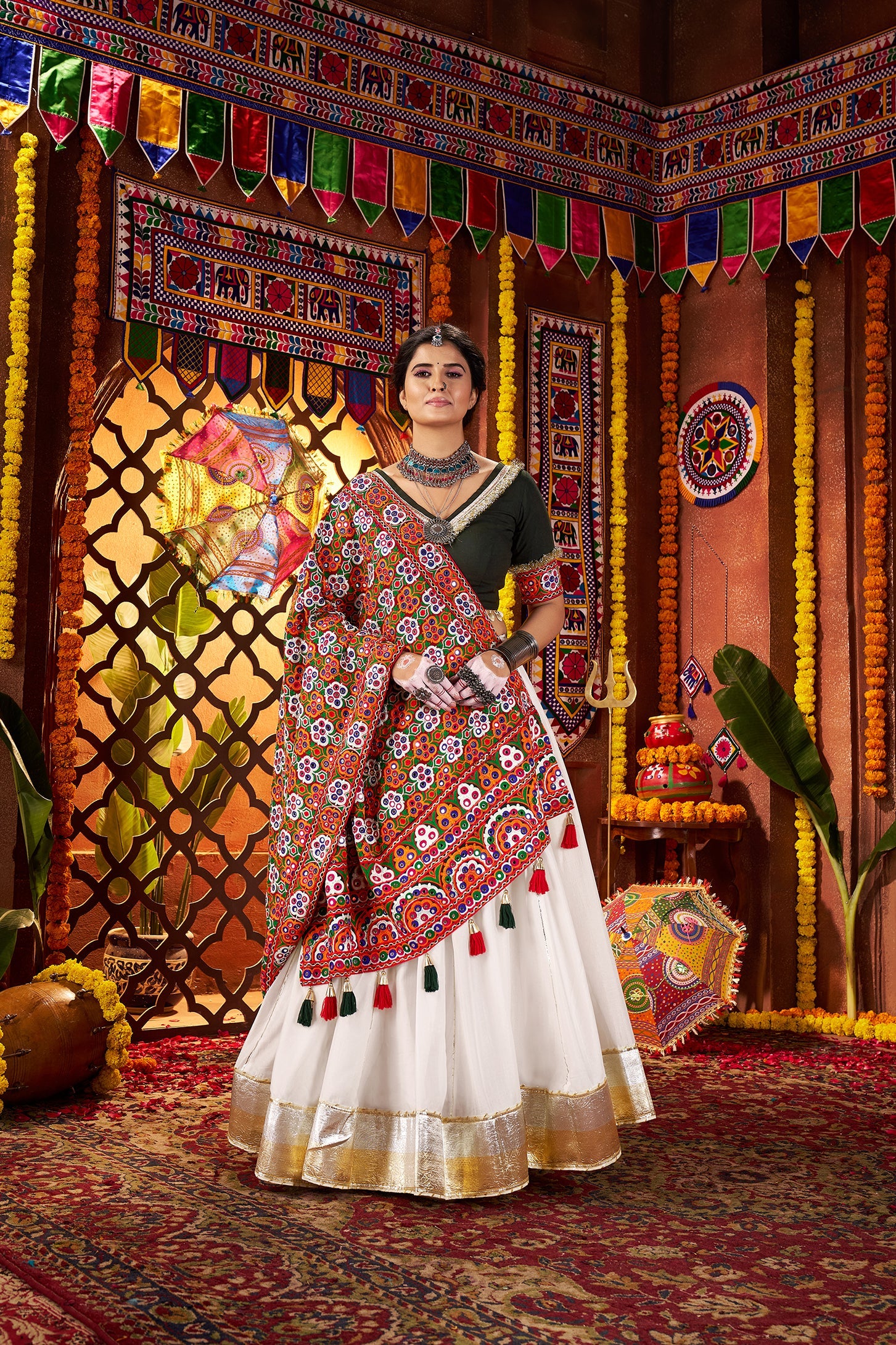 Designer White Silk Navratri Chaniya Choli with Embroidery Work