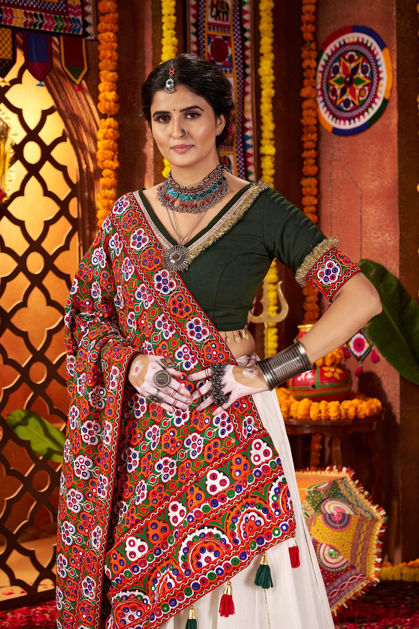 Designer White Silk Navratri Chaniya Choli with Embroidery Work