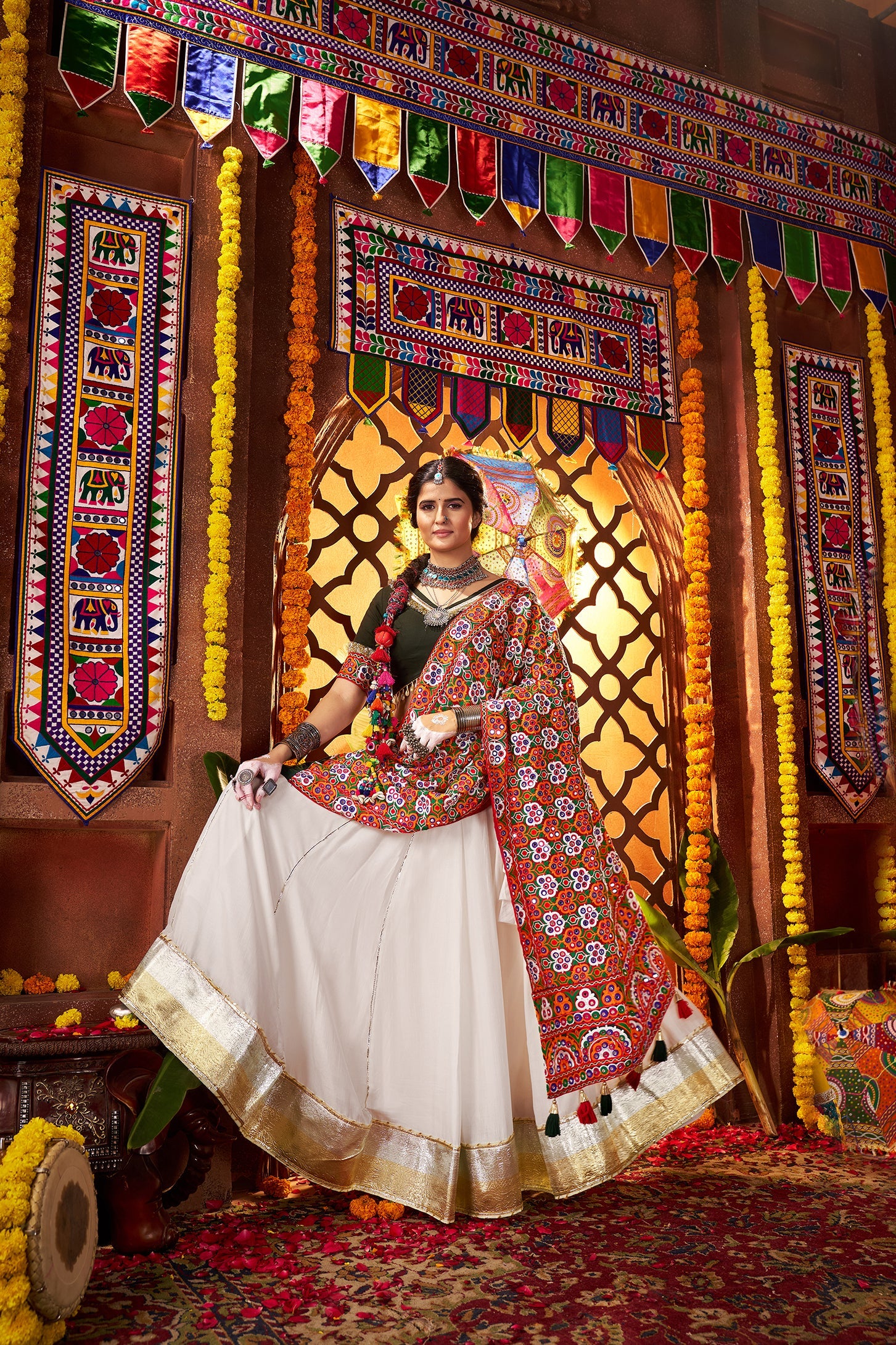 Designer White Silk Navratri Chaniya Choli with Embroidery Work
