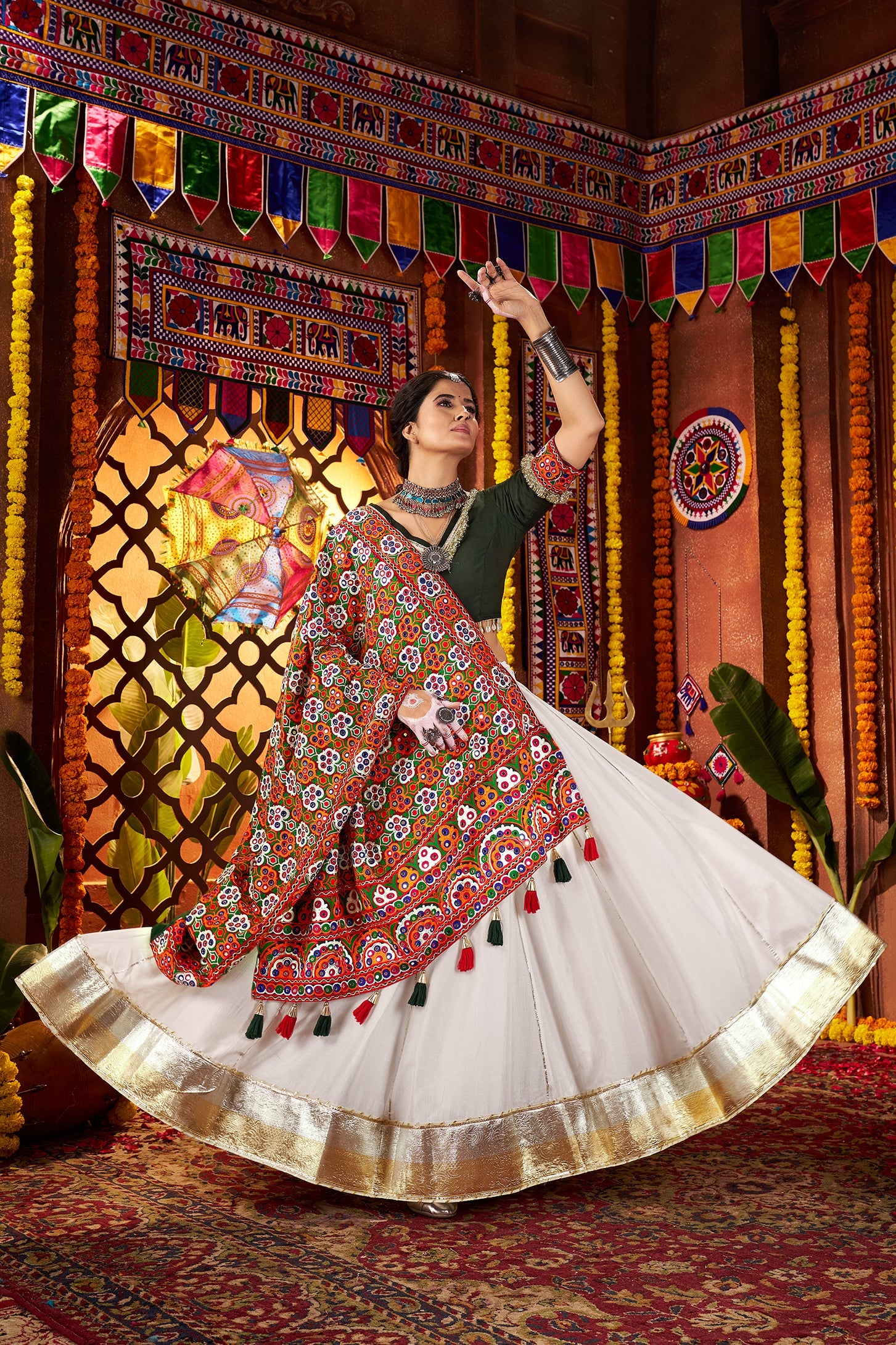 Designer White Silk Navratri Chaniya Choli with Embroidery Work