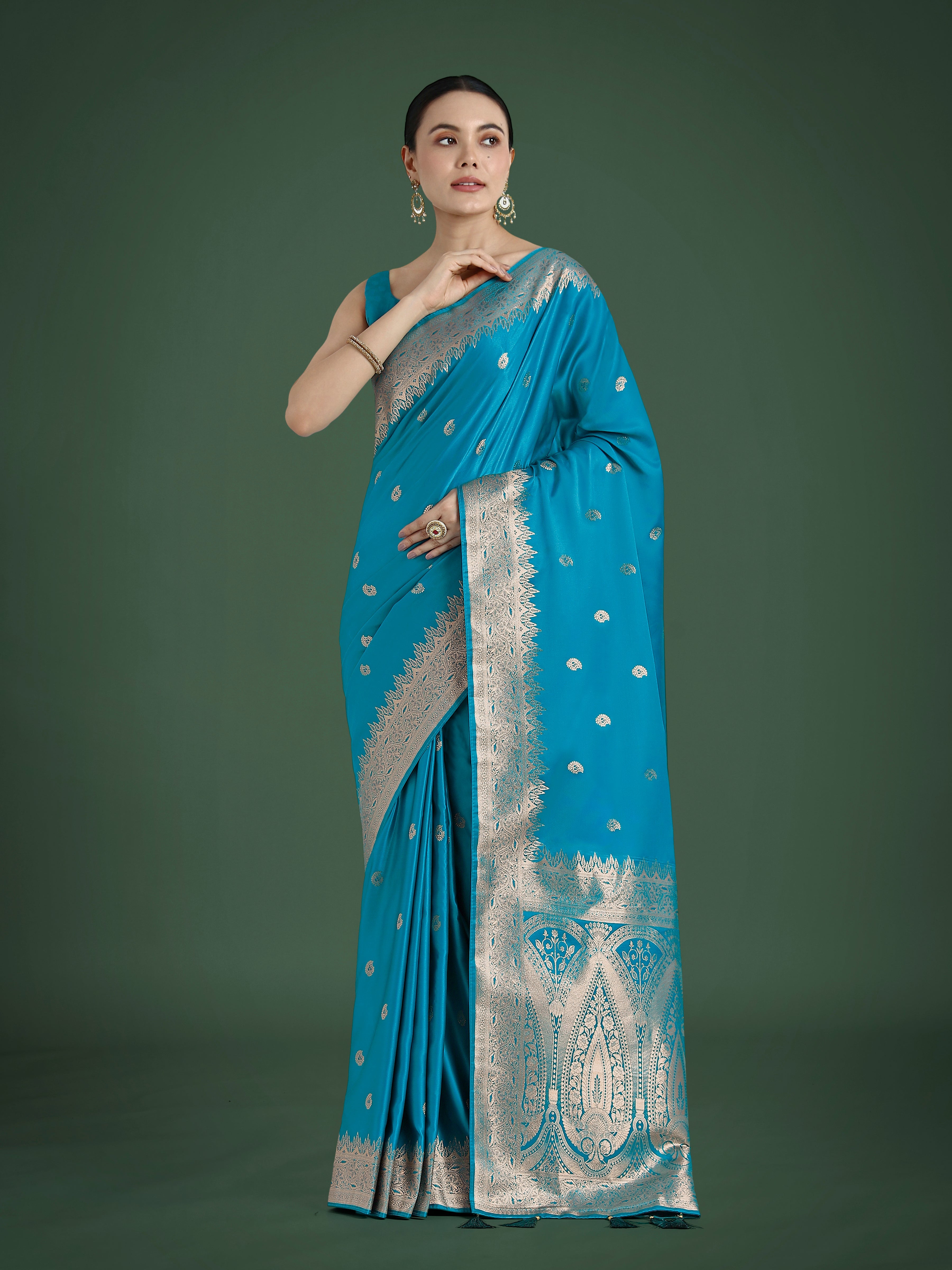 Divine Cyan blue Soft Banarasi Satin Silk Trendy Saree With Blouse Piece