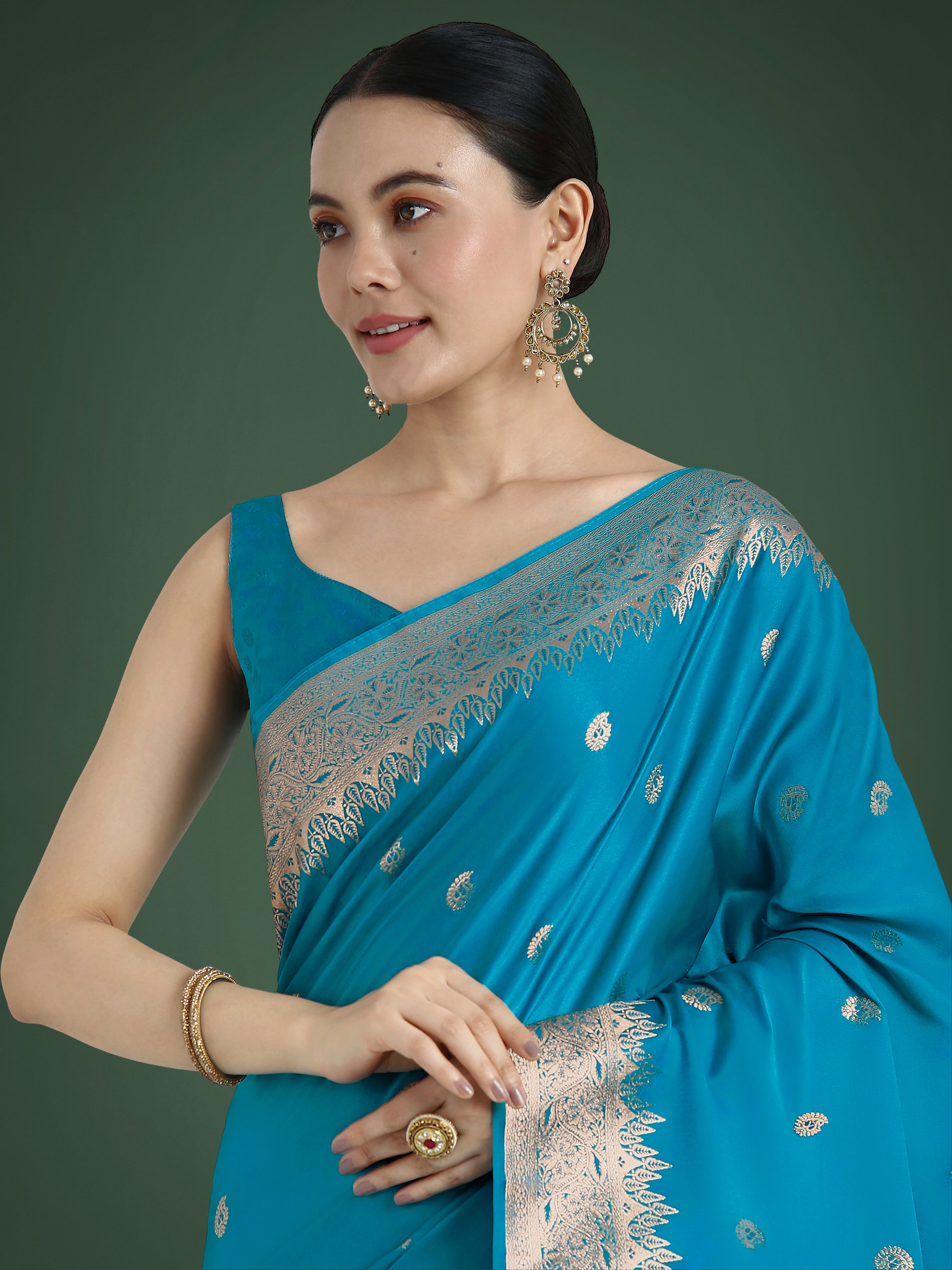 Divine Cyan blue Soft Banarasi Satin Silk Trendy Saree With Blouse Piece